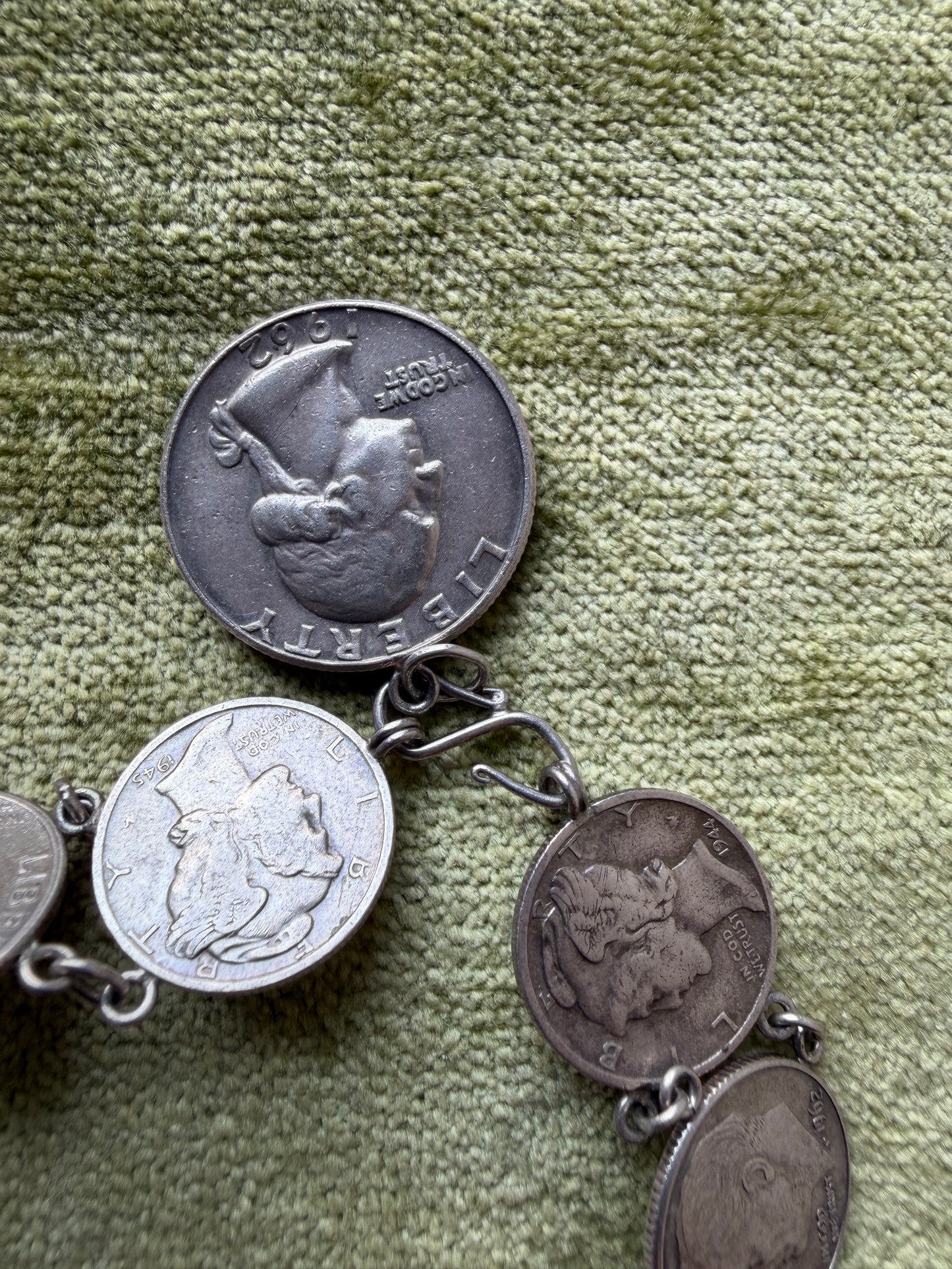 Vintage Roosevelt and Mercury dime, Washington quarter bracelet
