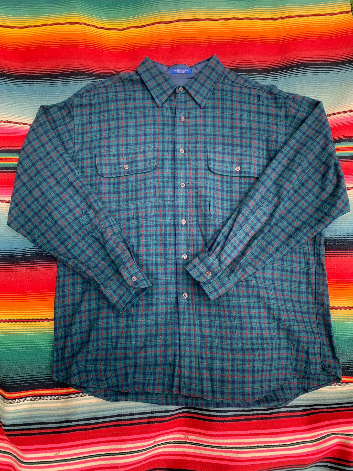 VTG Pendleton Green Plaid Wool Flannel