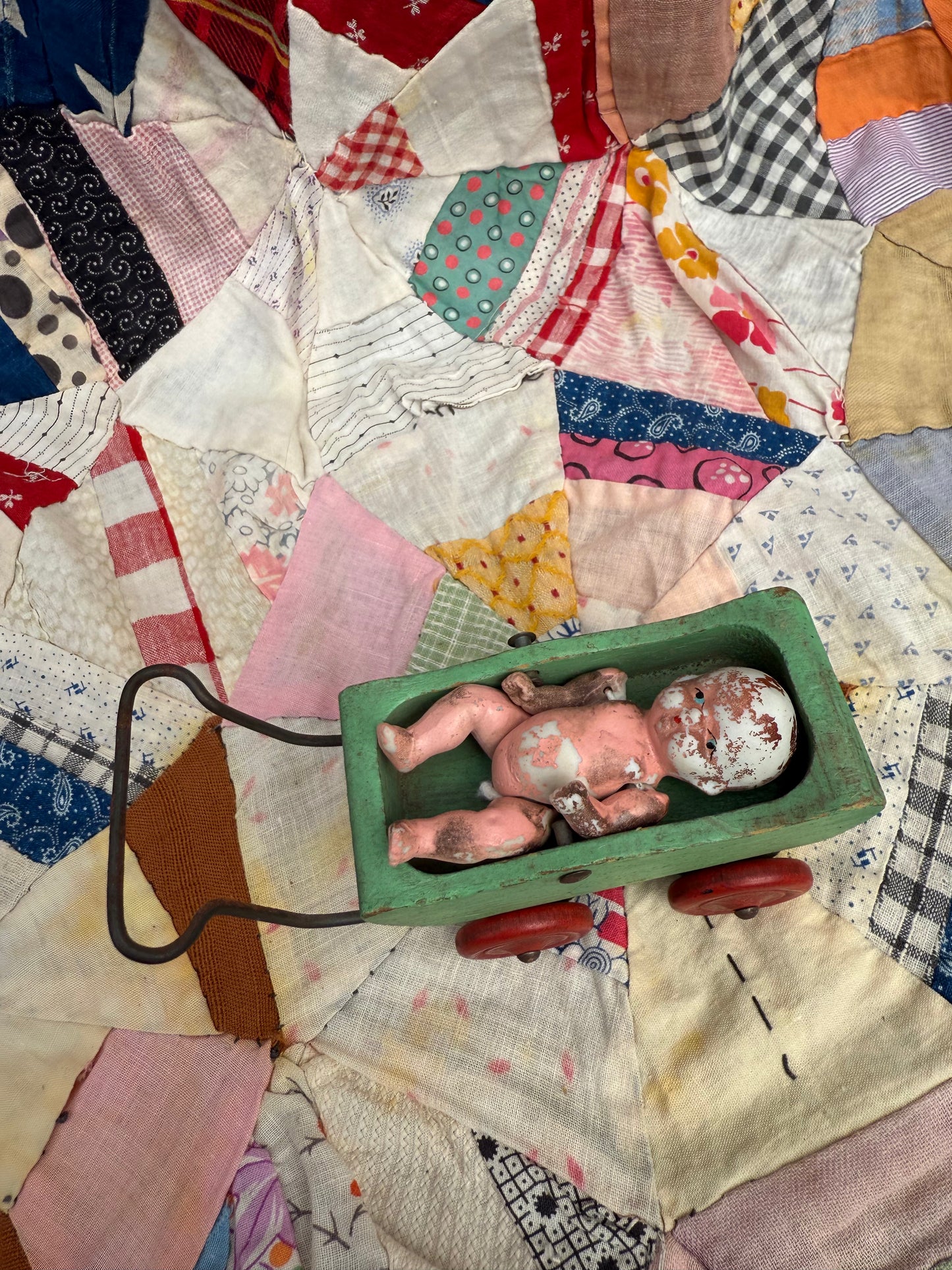 Green Antique Wyandotte Miniature Stroller w/ Porcelain Baby