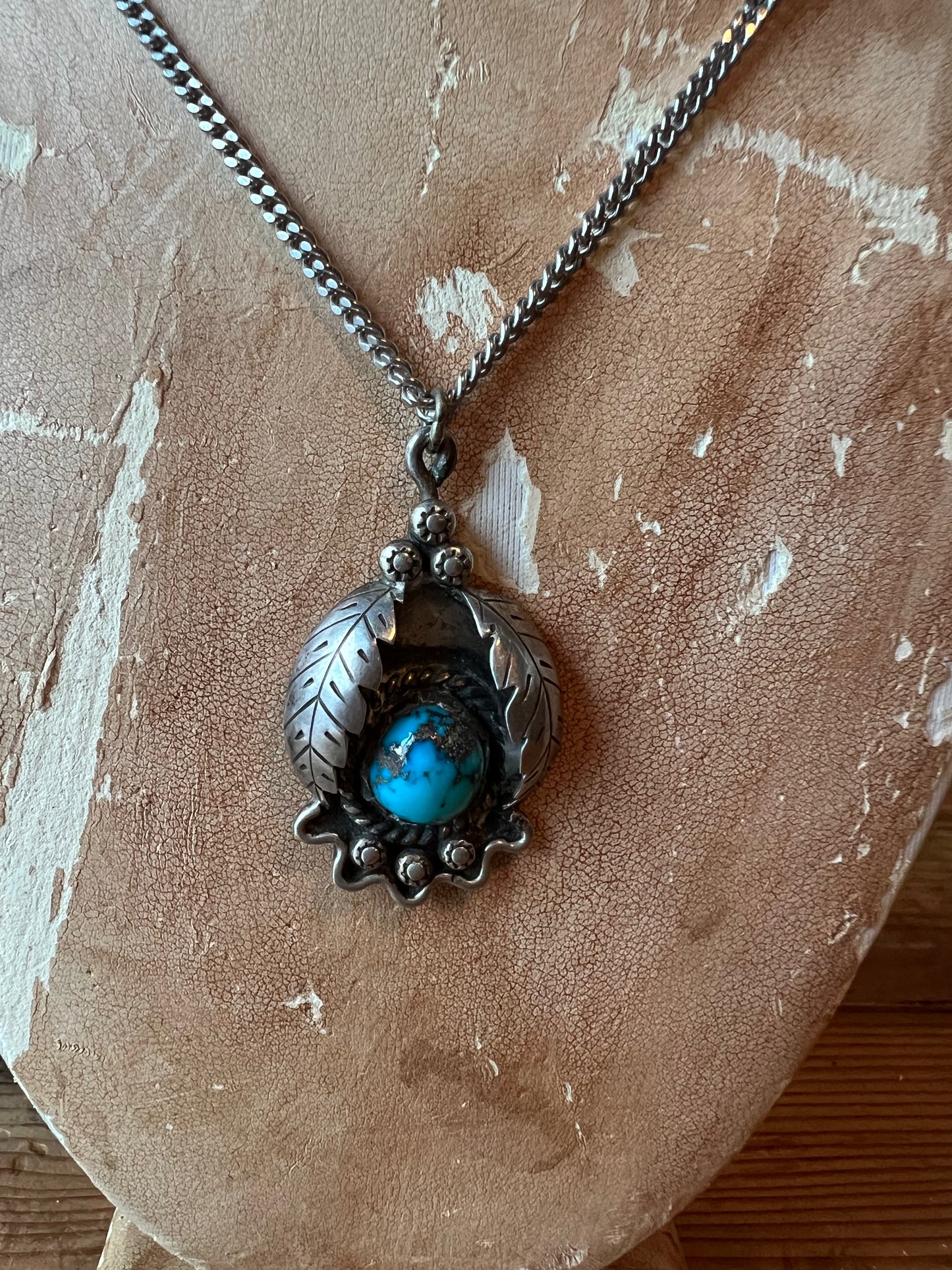 Vintage Sterling and Turquoise Charm with Curb Link Sterling Necklace