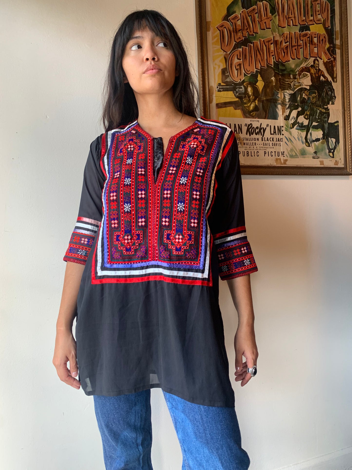 1960s Black Silk Embroidered Tunic Blouse (M)