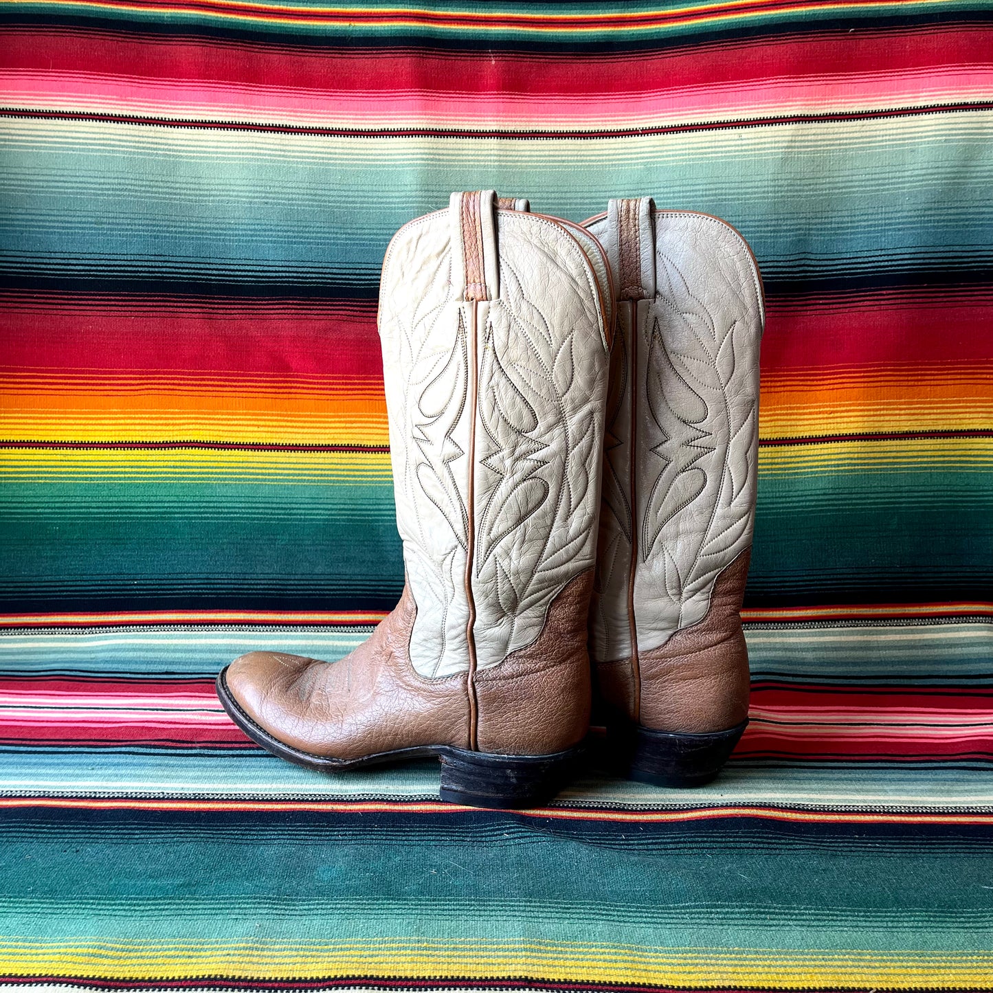 Womens Vintage Sanders Tan Bullhide / Brown Leather Cowboy Boots 8B