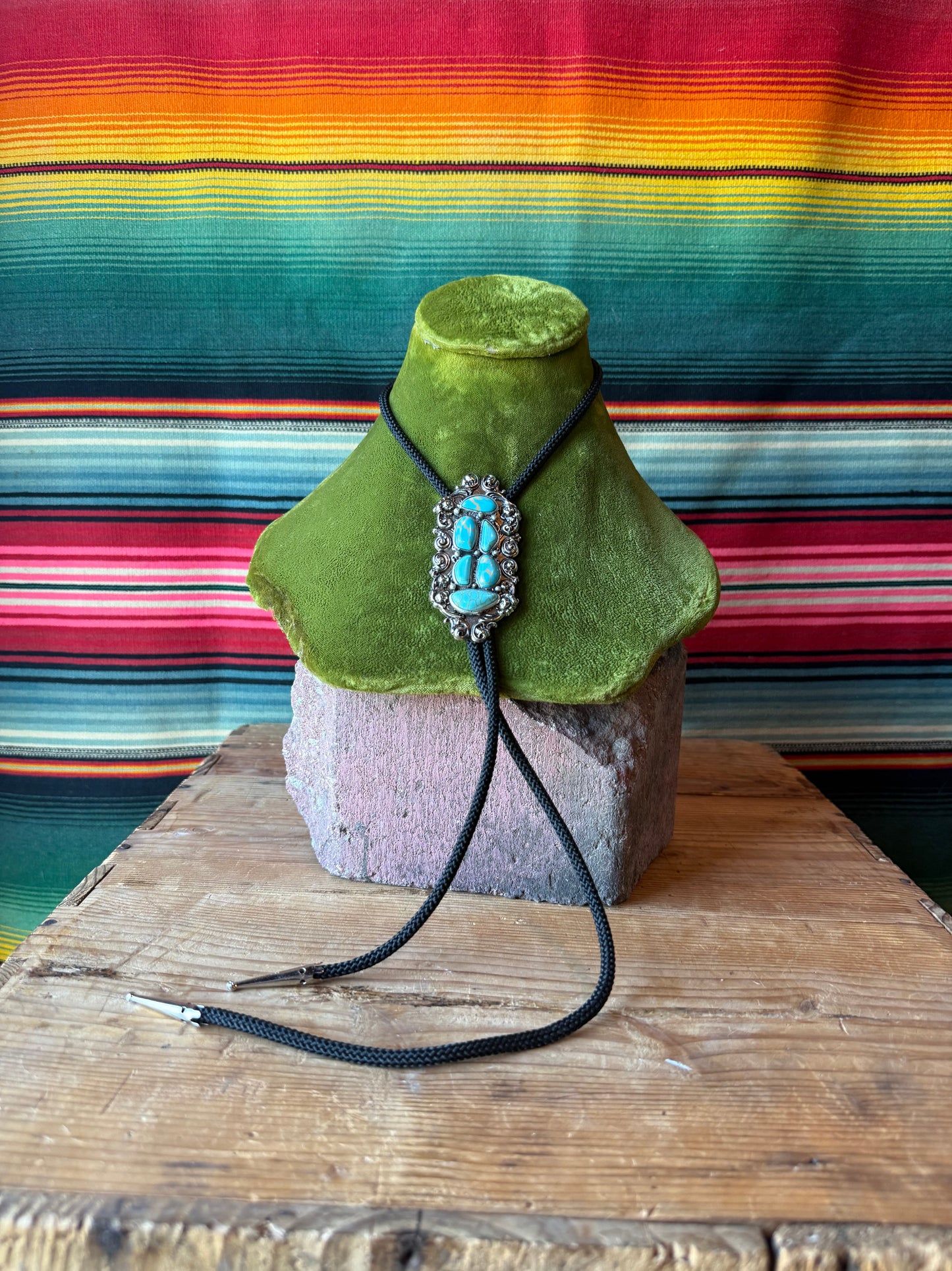 Etched Silver & Six Turquoise Stone Bolo Tie