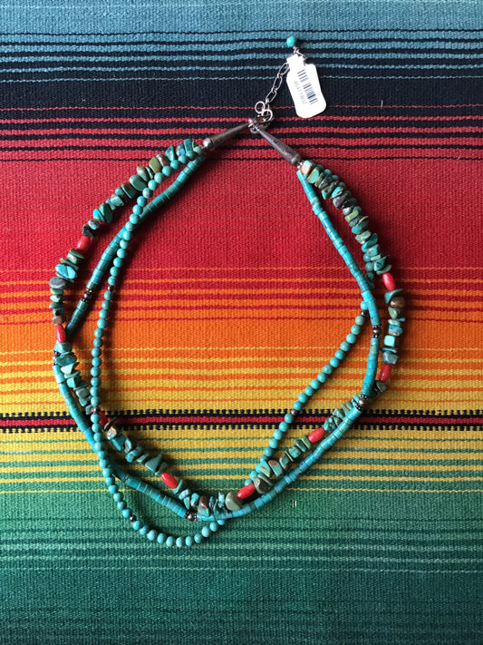 Vintage 3 Strand Beaded Necklace | Sterling, Coral, Turquoise 10 1/2”