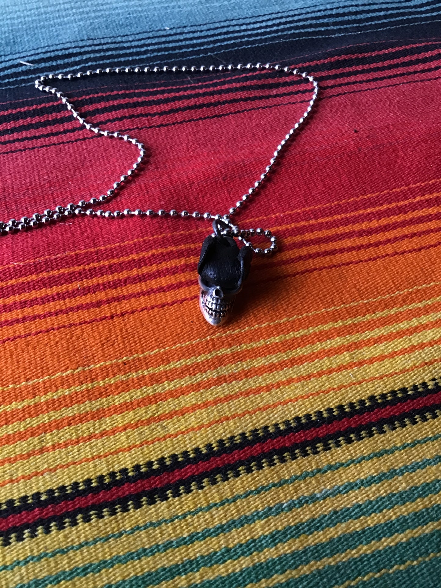 Vintage Sterling and Leather Skull and Hat Pendant with Stainless Steel Ball Chain 11 3/4”