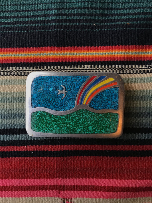 Vintage Alpaca Mexican Rainbow Belt Buckle 2 3/4” by 1 7/8”
