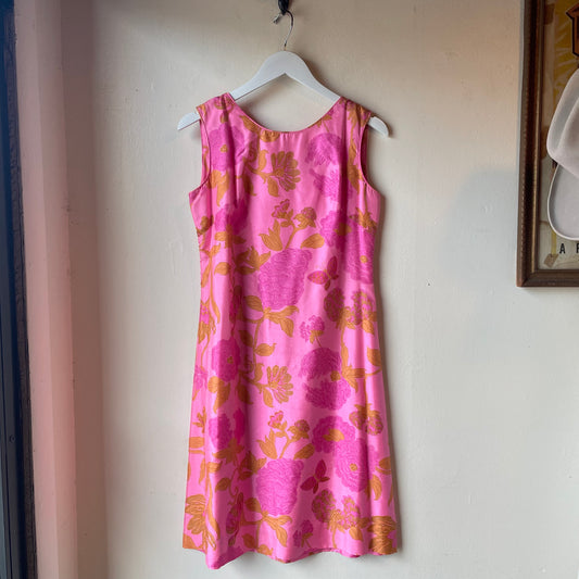 VTG Pure Silk Pink Floral Shift Dress with Belt