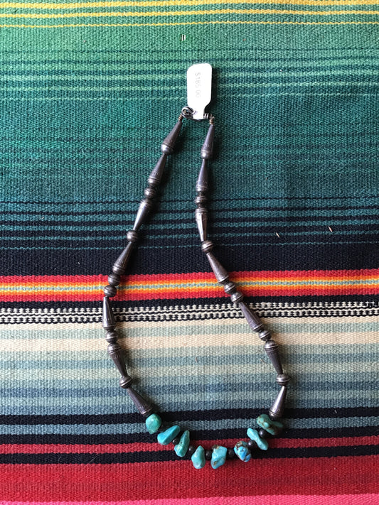 Vintage Sterling and Turquoise Beaded Necklace 7 1/2”