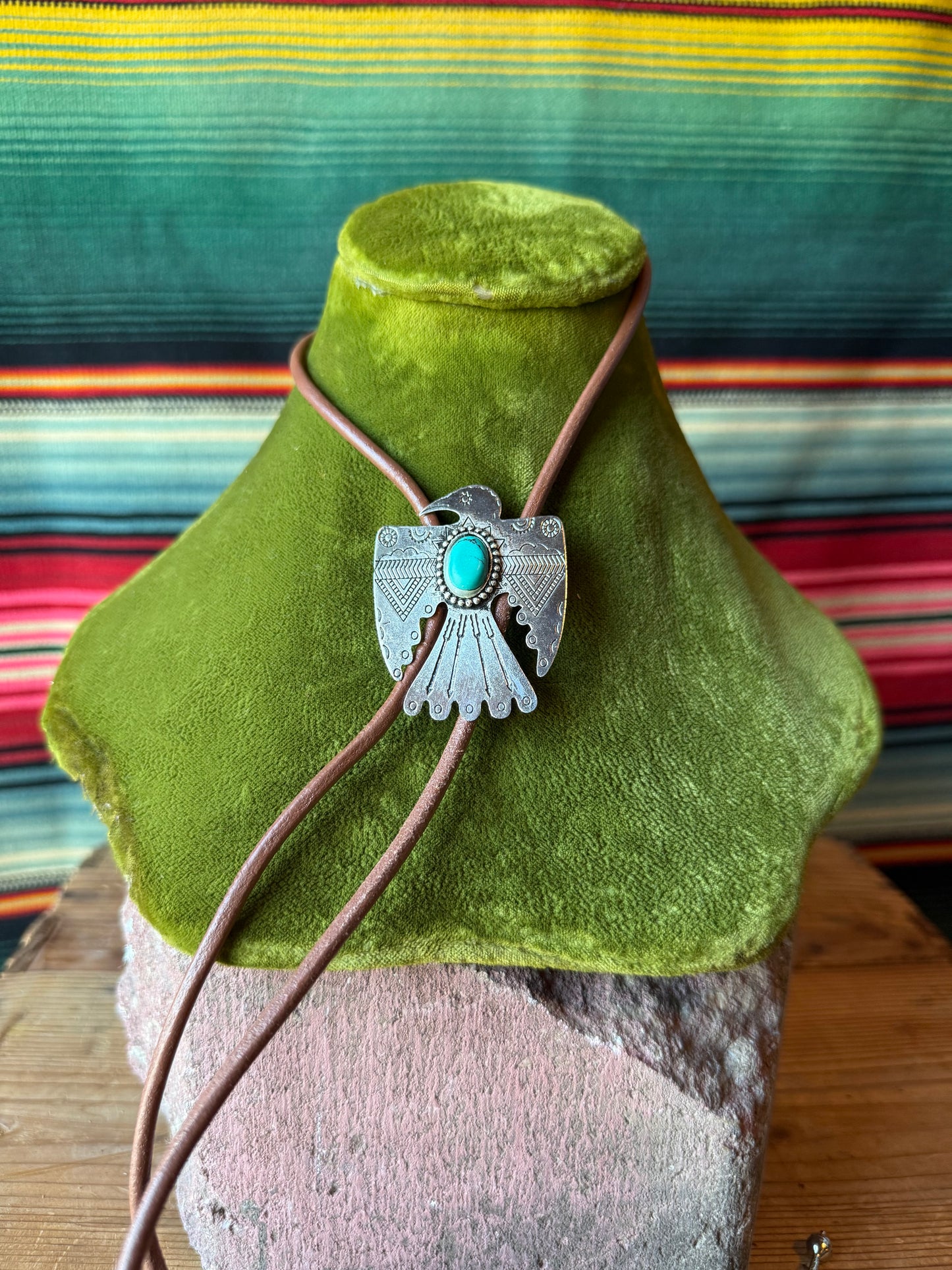 Thunderbird Turquoise Concho Brown Leather Bolo Tie