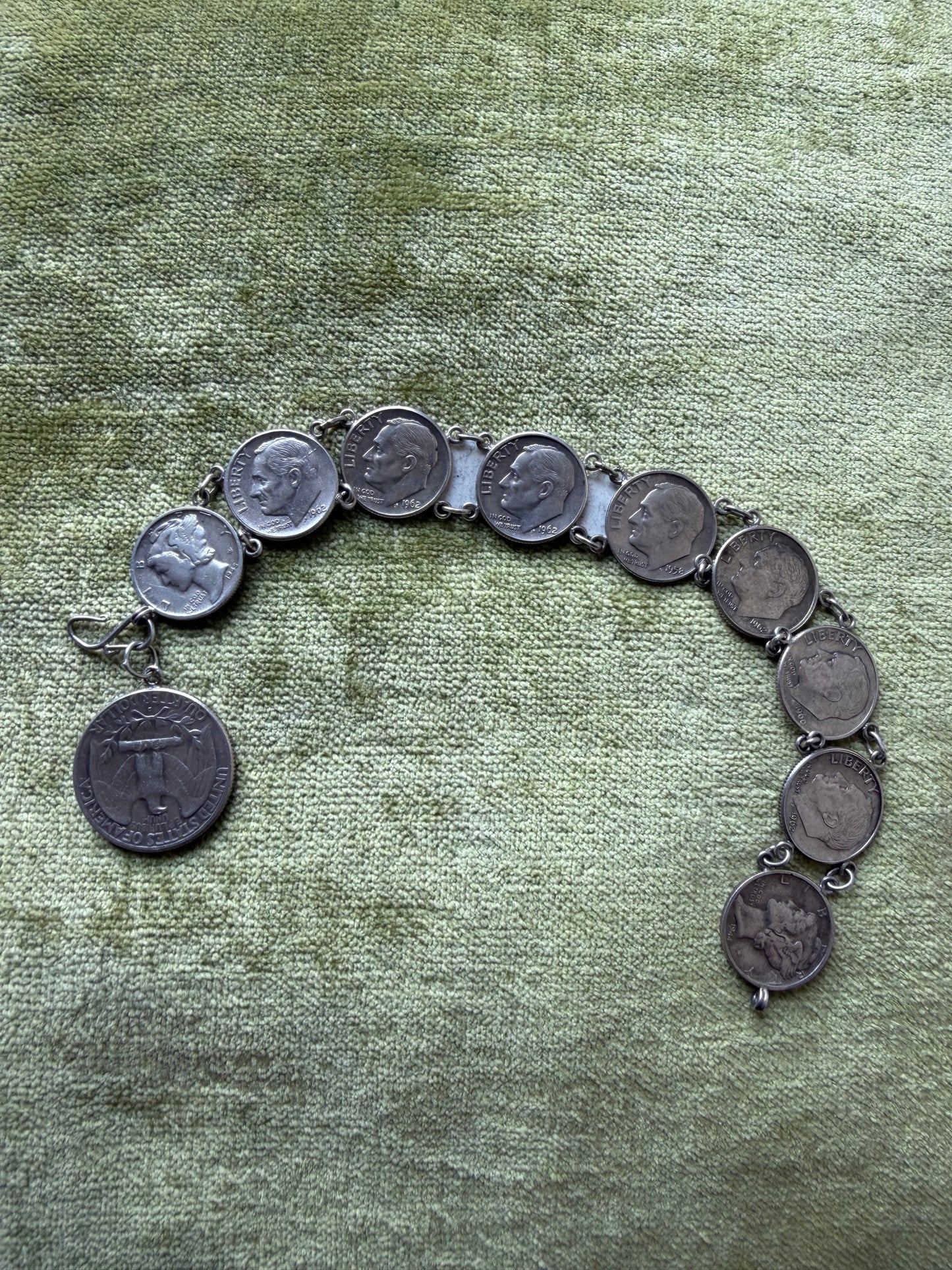 Vintage Roosevelt and Mercury dime, Washington quarter bracelet