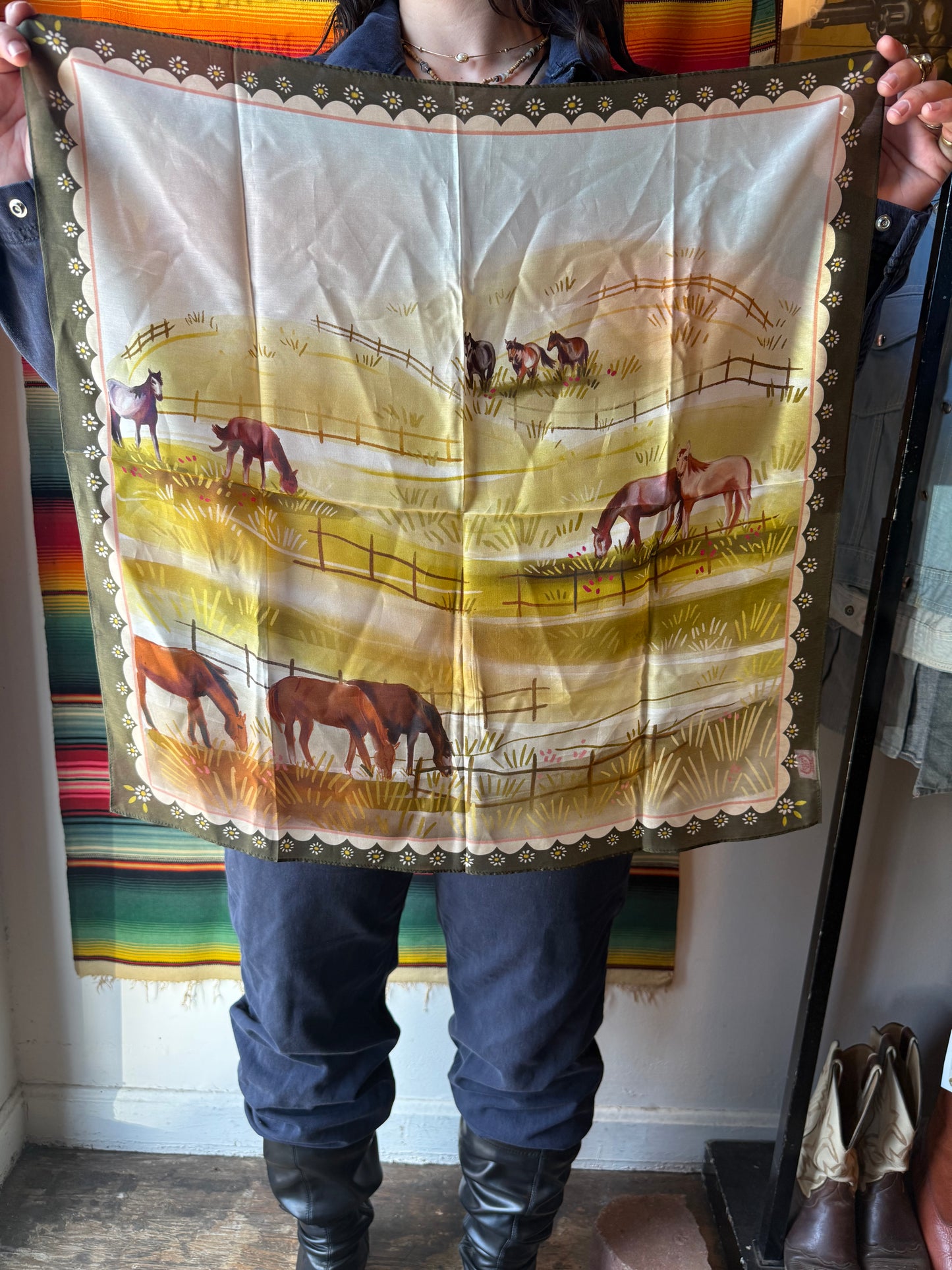 Grazing Pasture Western Cowgirl Horses Silk Scarf