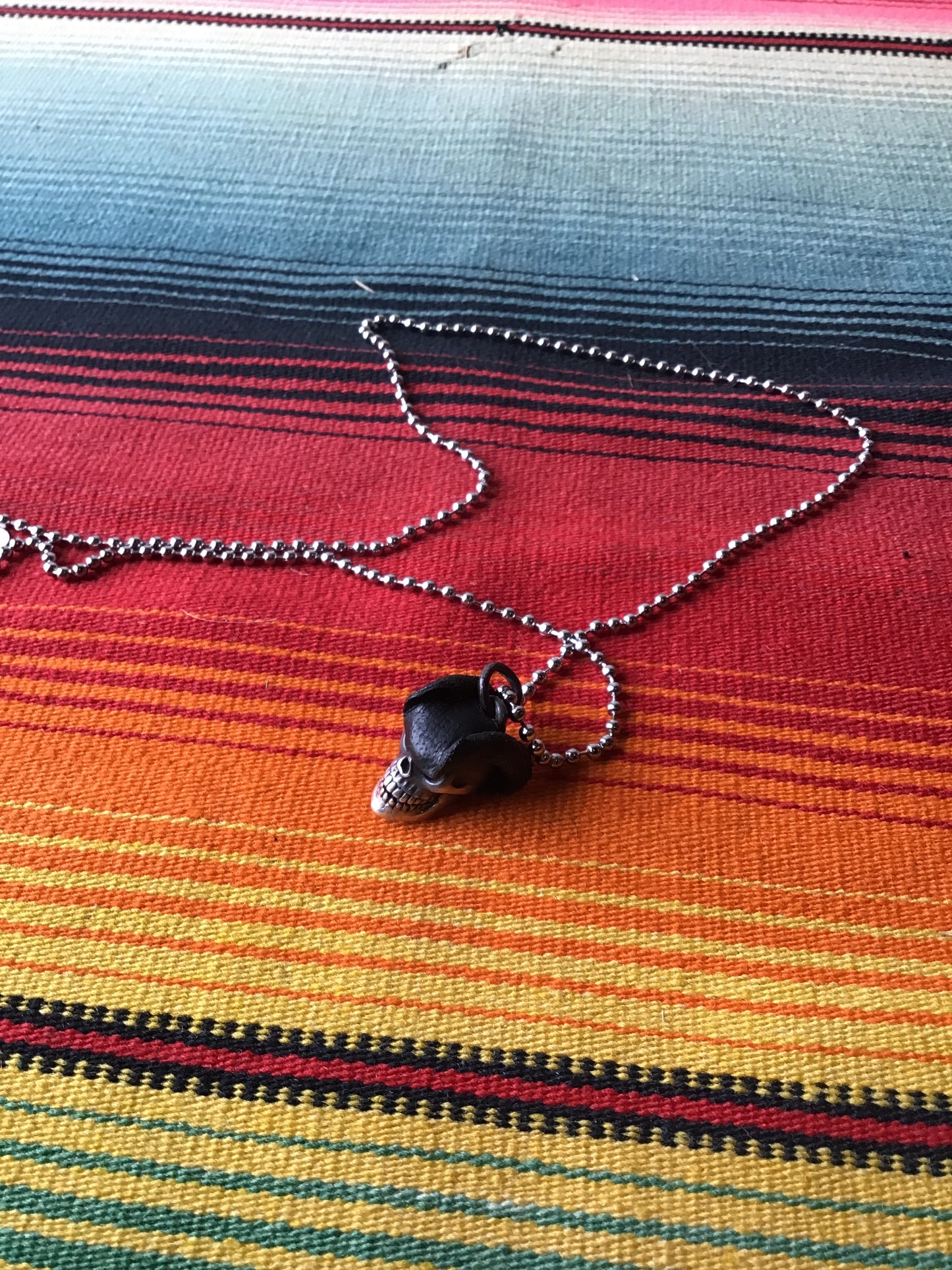 Vintage Sterling and Leather Skull and Hat Pendant with Stainless Steel Ball Chain 11 3/4”