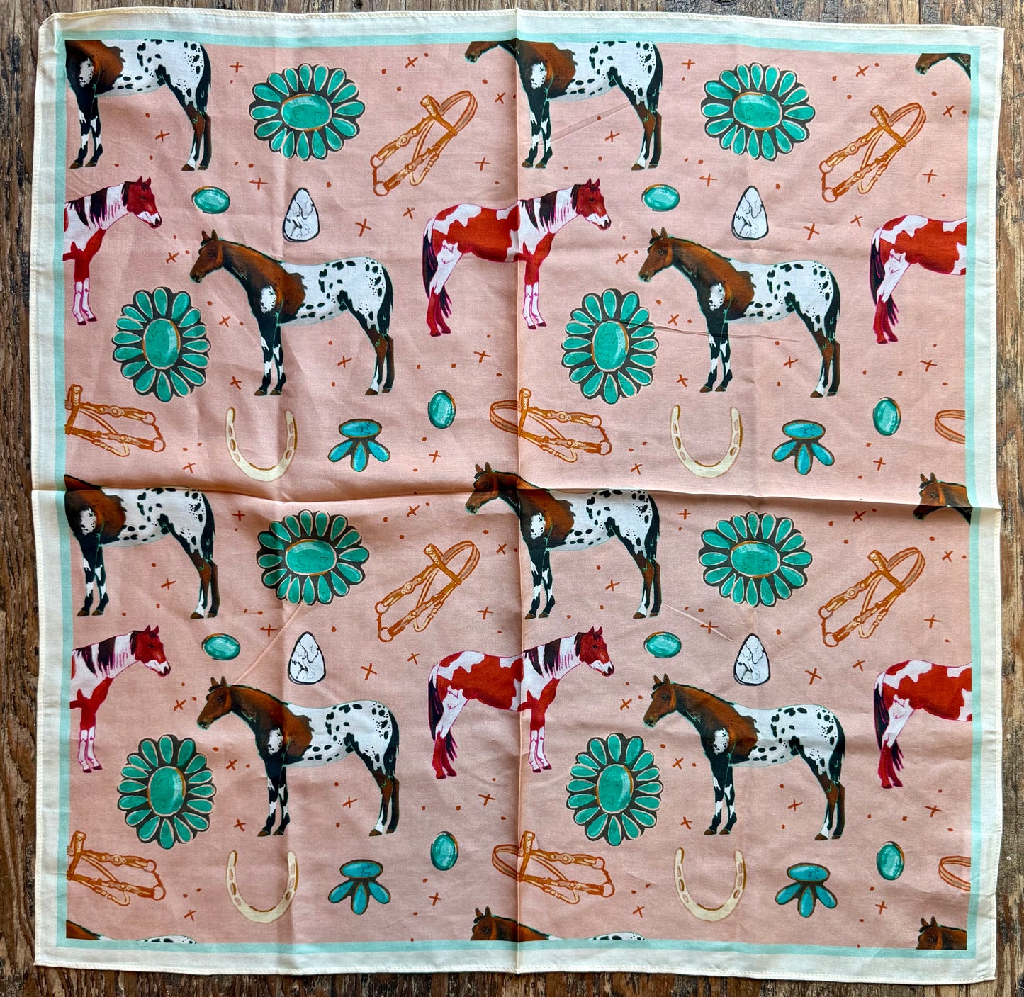 Western Horses & Turquoise Peach Western Silk Bandana Scarf