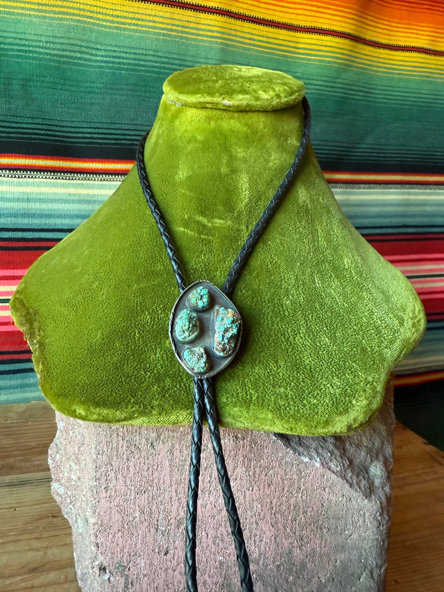 Four Turquoise Stone Sterling Leather Bolo Tie