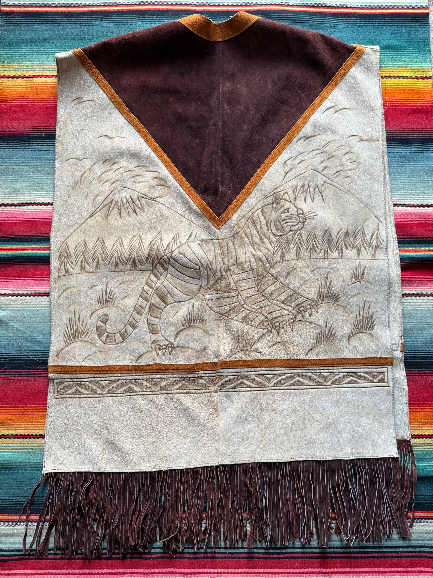 Vintage Suede Poncho w/ Tigers