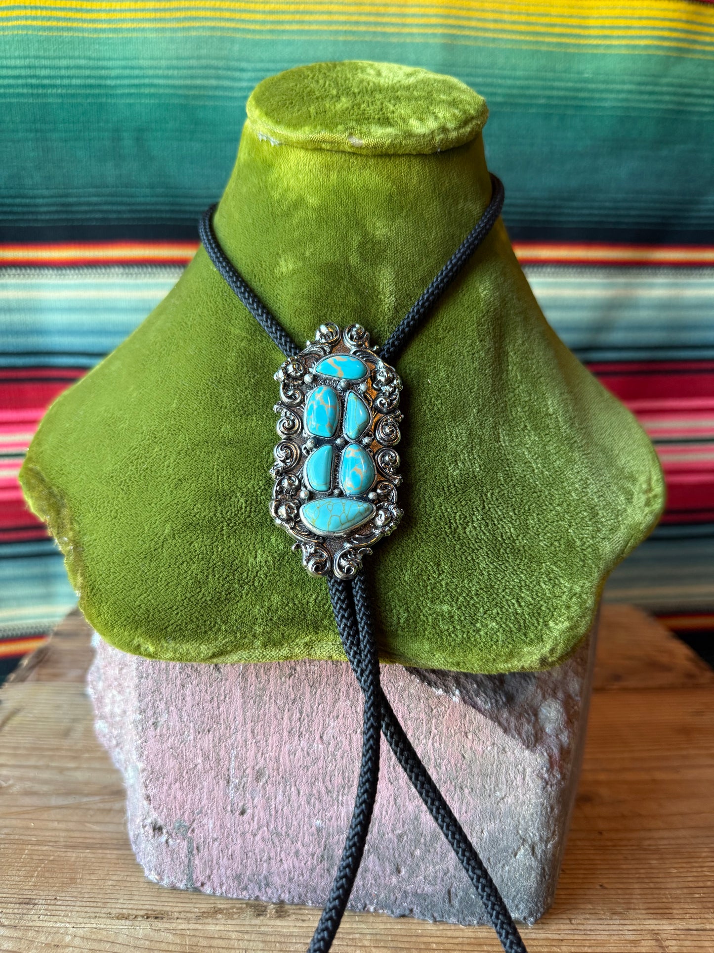 Etched Silver & Six Turquoise Stone Bolo Tie