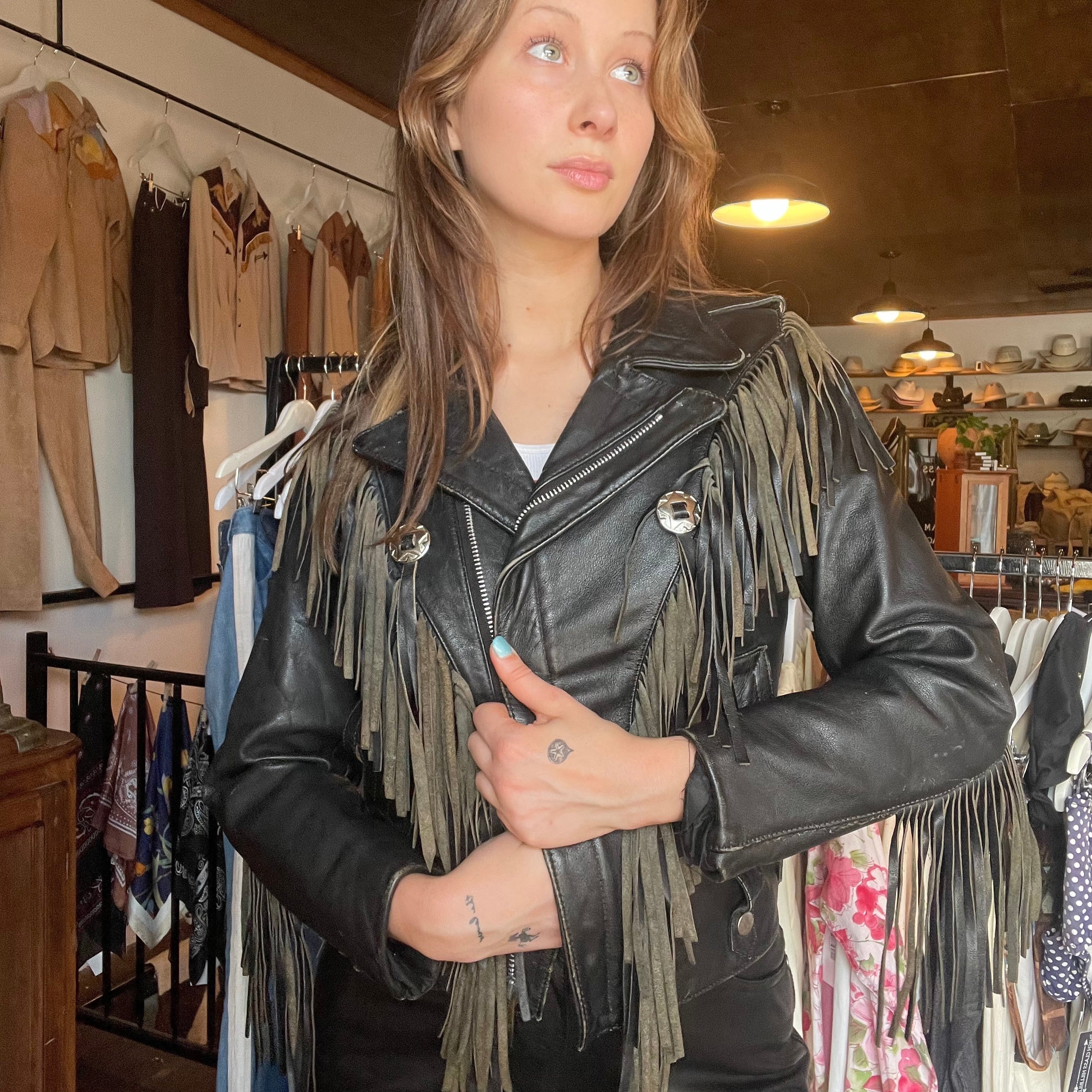 Wilsons Suede and Leather Fringe Concho Leather Jacket