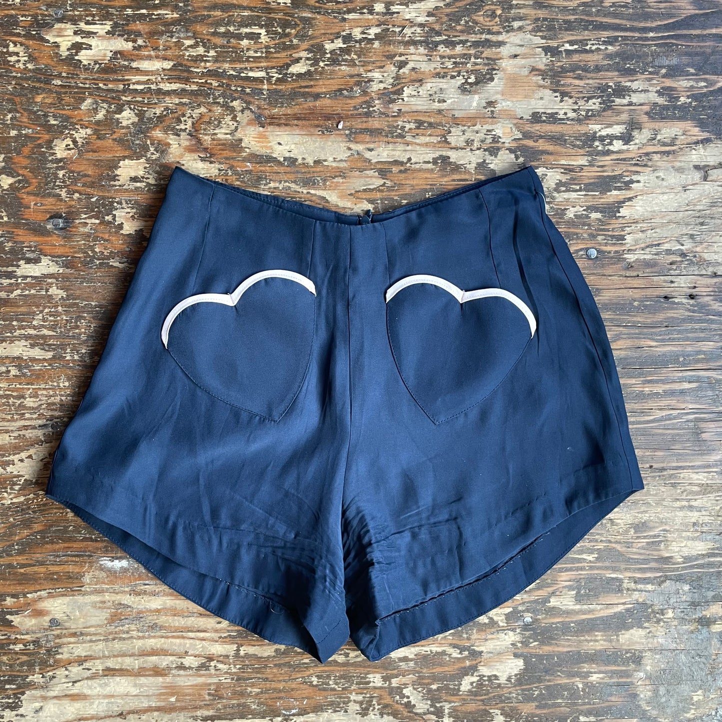 Rachel Antonoff 100% Silk Navy Heart Pocket Shorts