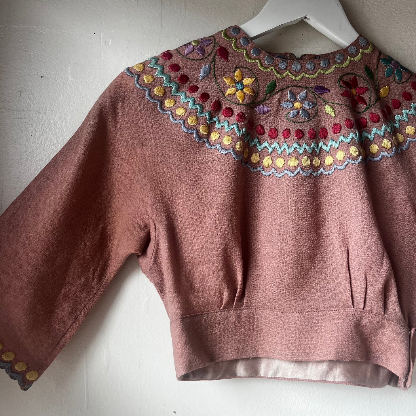Victorian 30's Wool Crepe Embroidered Cropped Blouse