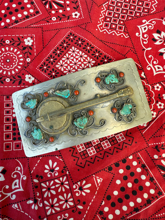VTG Large Rectangle Banjo Belt Buckle with Turquoise & Coral