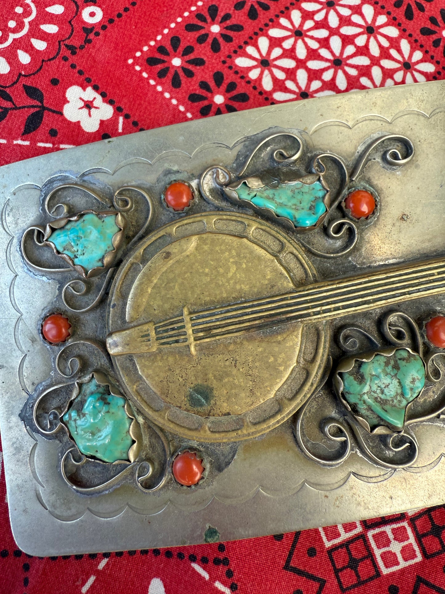 VTG Large Rectangle Banjo Belt Buckle with Turquoise & Coral