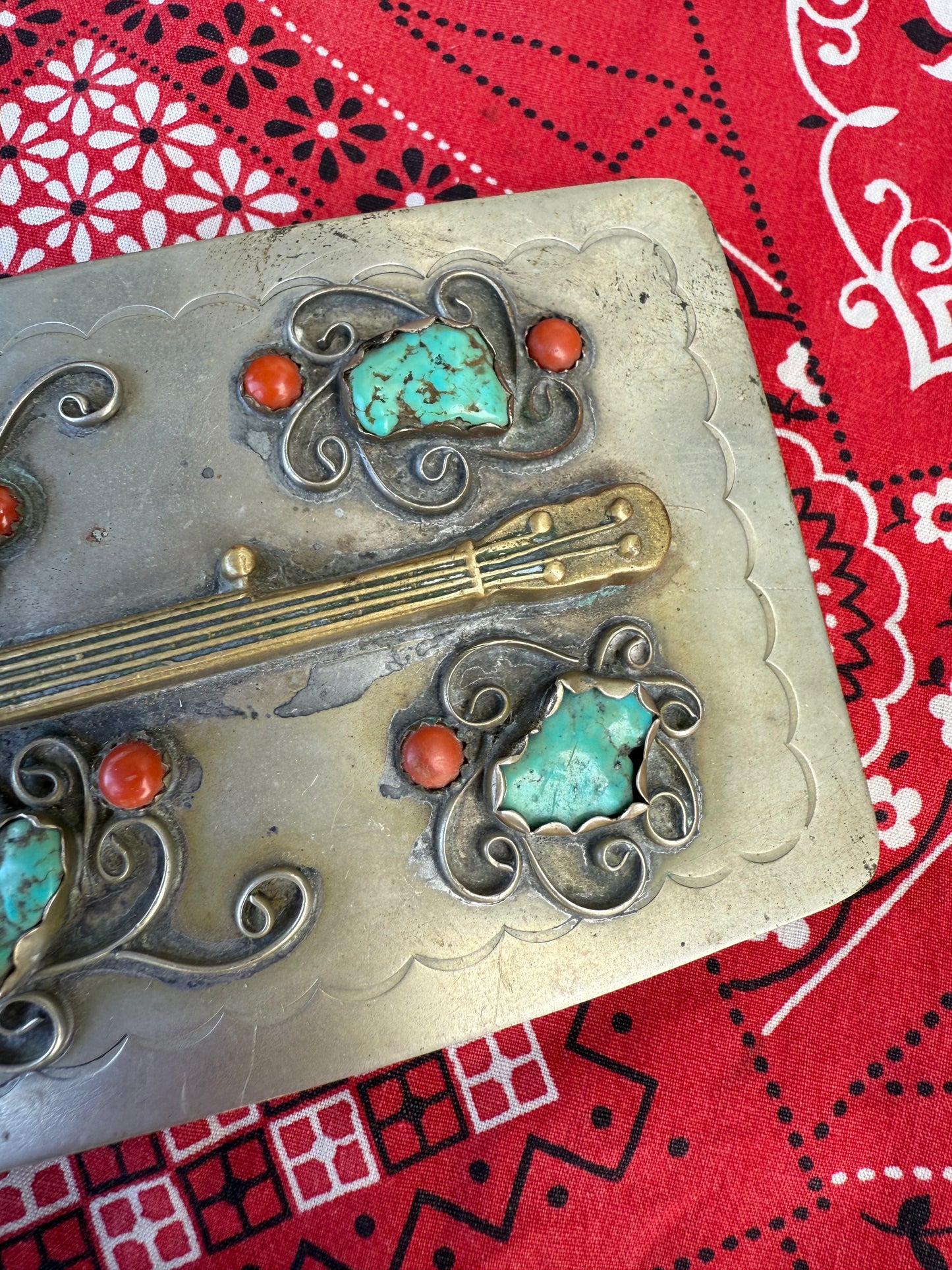 VTG Large Rectangle Banjo Belt Buckle with Turquoise & Coral