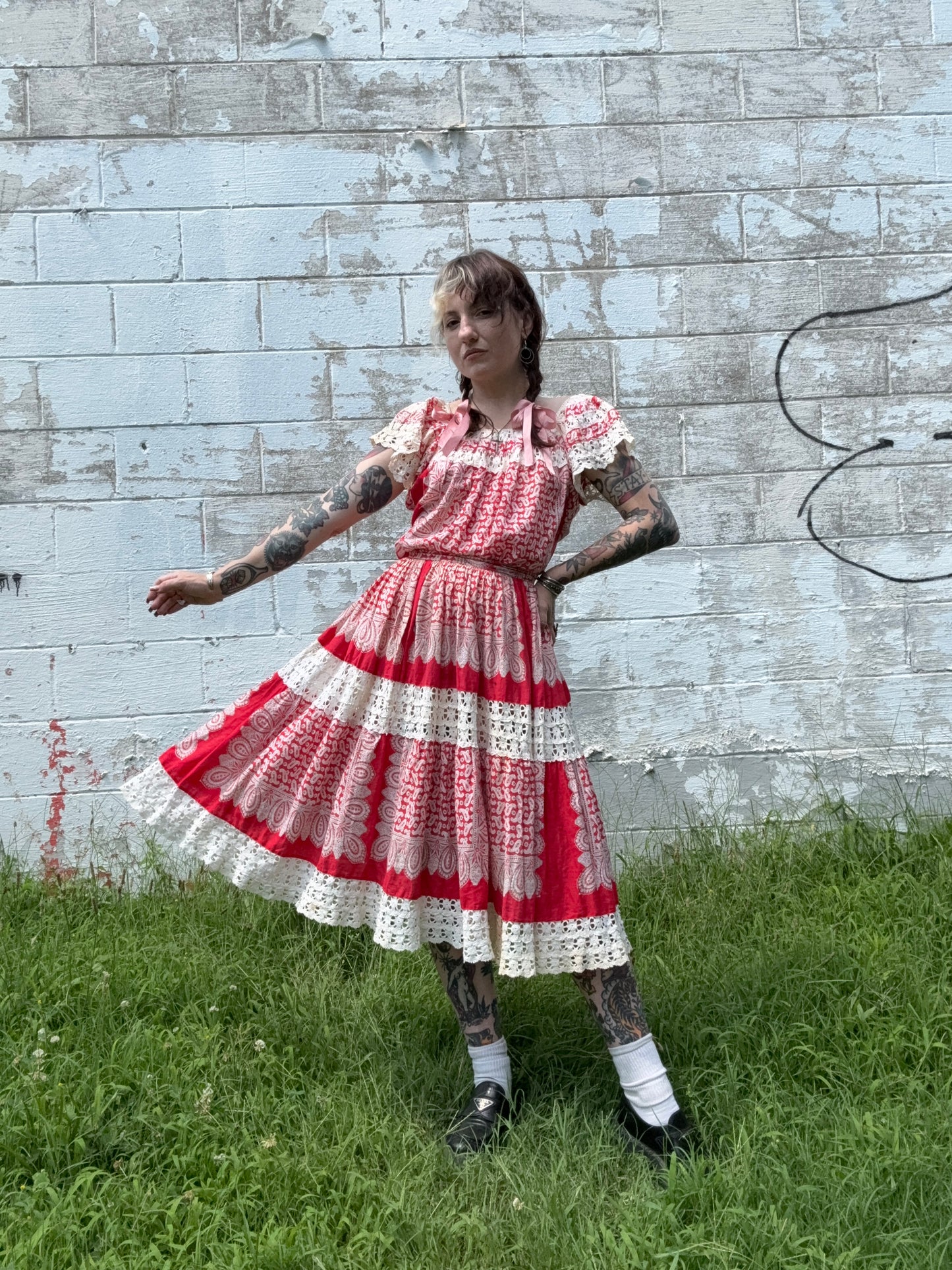 1950s Turkey Red Bandana Blouse+Skirt (CCV)