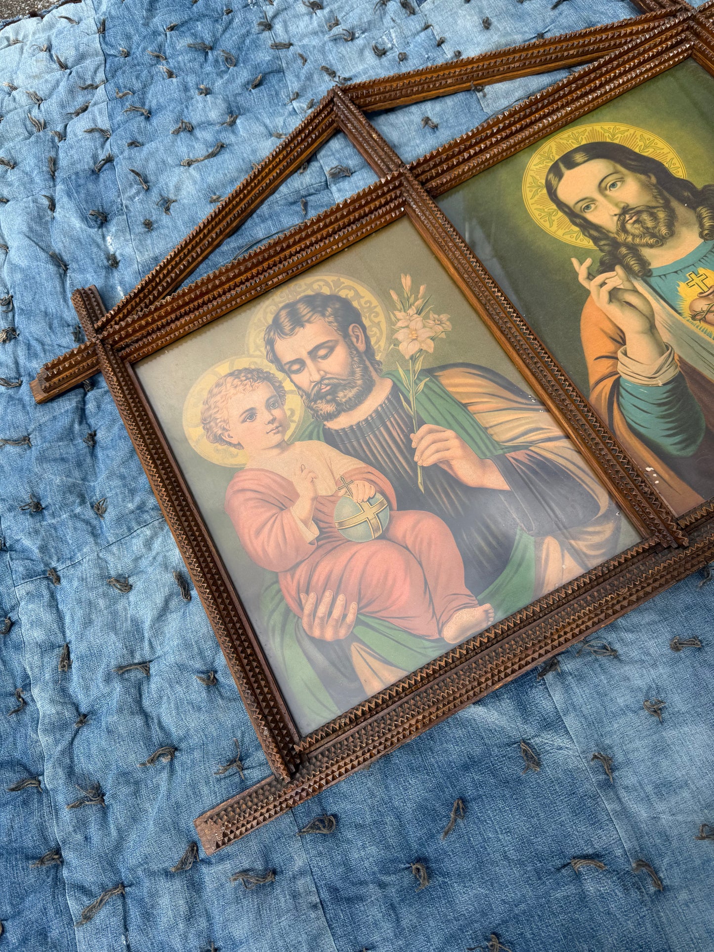 HUGE Antique Tramp Art Religious Lithographs (C)