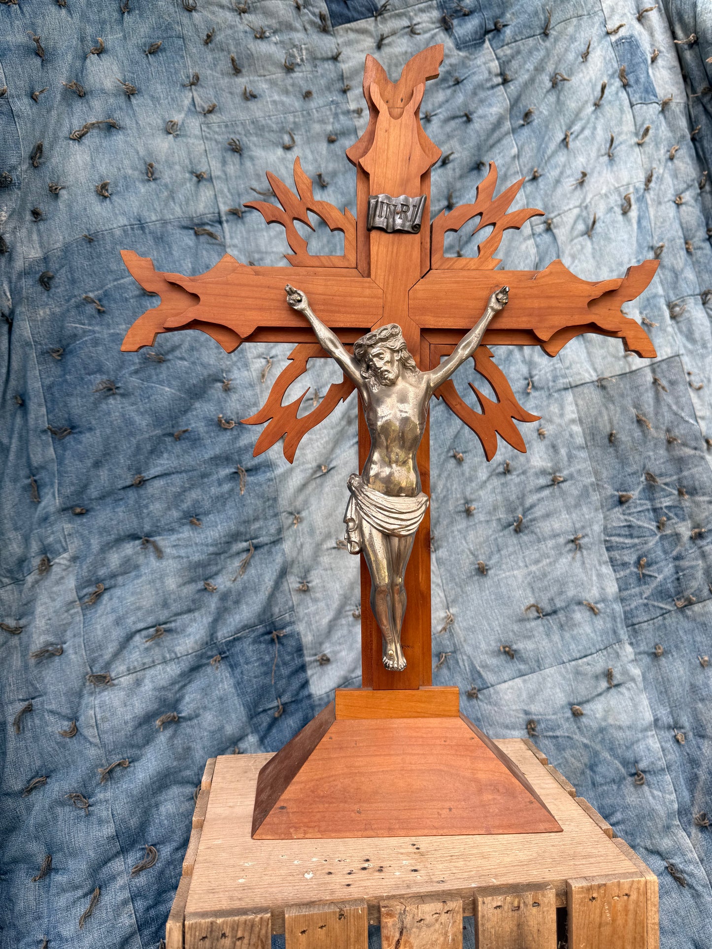 Large Antique Wooden Folk Art Crucifix (C)
