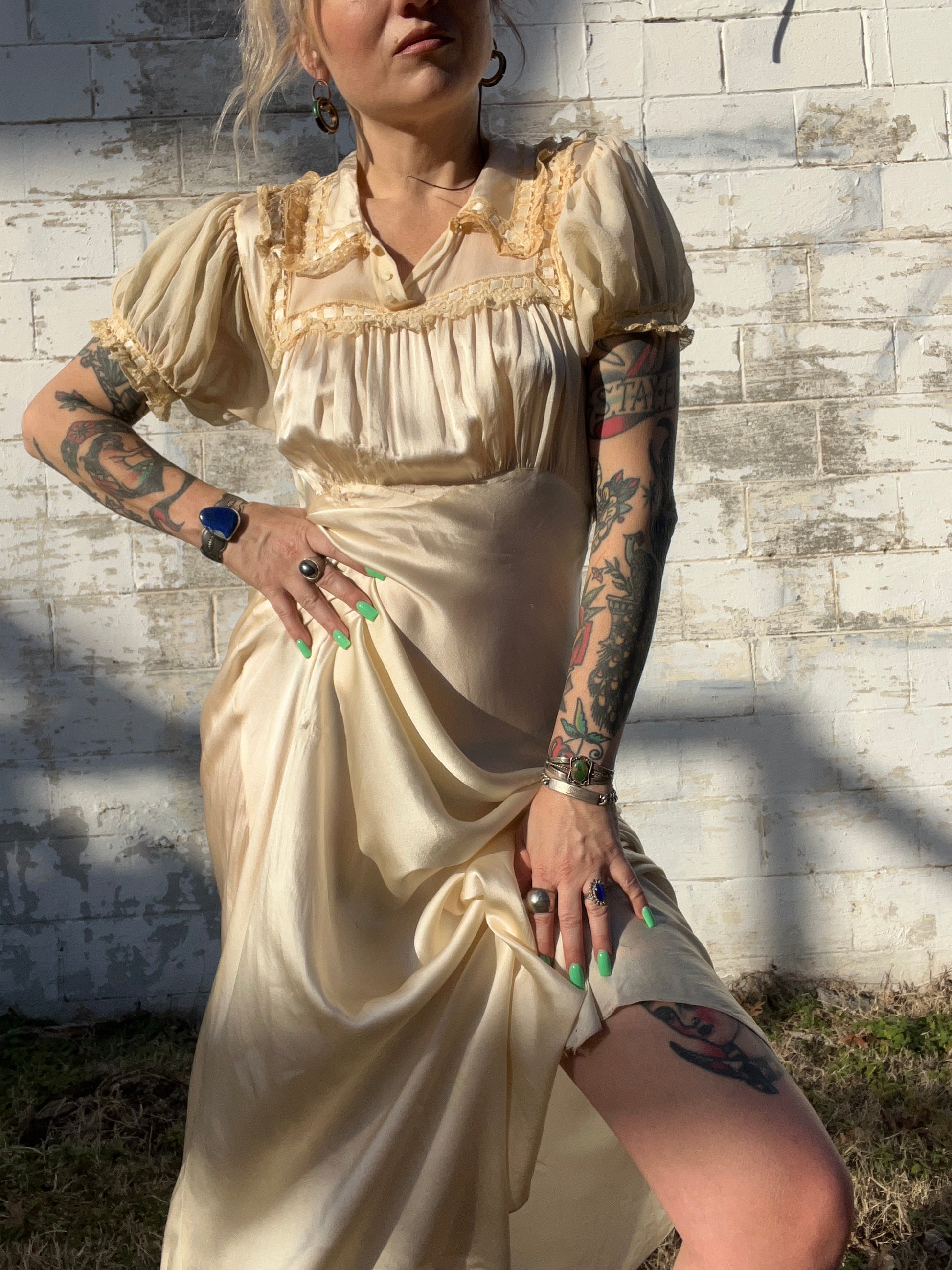 ecru silk dress Sudi Etuz HALTER NECK MAXI SATIN DRESS WITH LACE TRIMMINGS IN ECRU