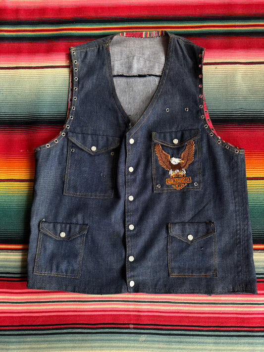1970s Handmade Selvedge Denim Biker Vest w/ Harley Patch (C)