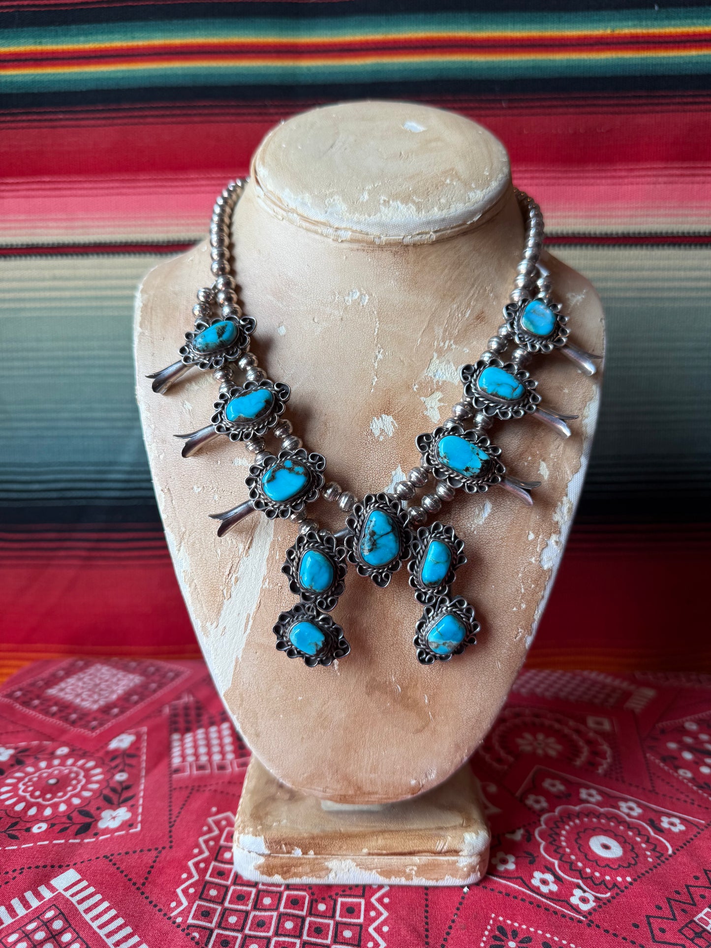 Vintage Sterling and Turquoise Squash Blossom Choker