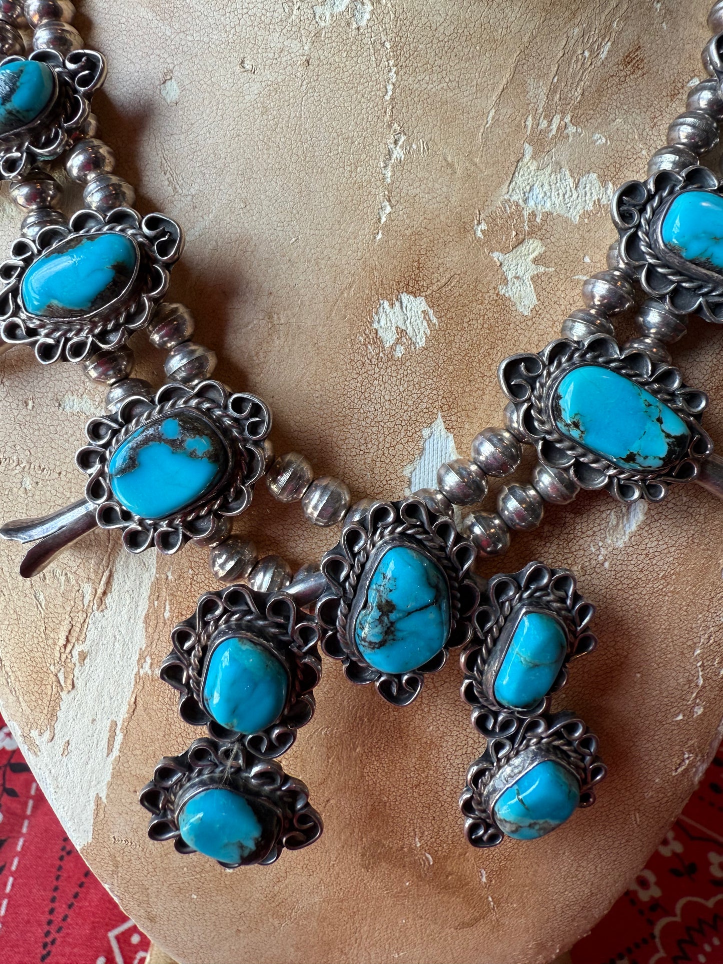 Vintage Sterling and Turquoise Squash Blossom Choker
