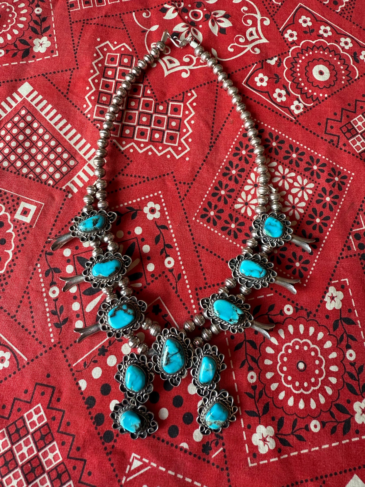 Vintage Sterling and Turquoise Squash Blossom Choker