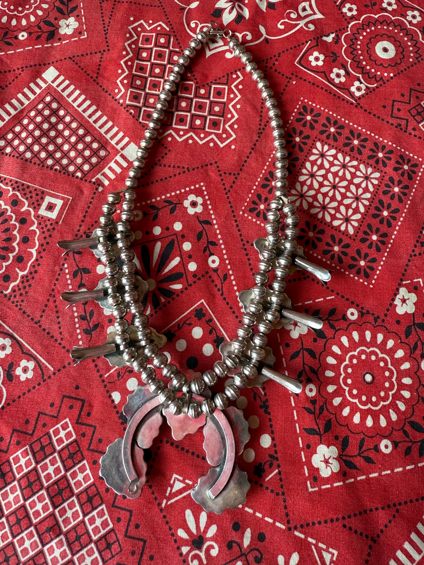 Vintage Sterling and Turquoise Squash Blossom Choker