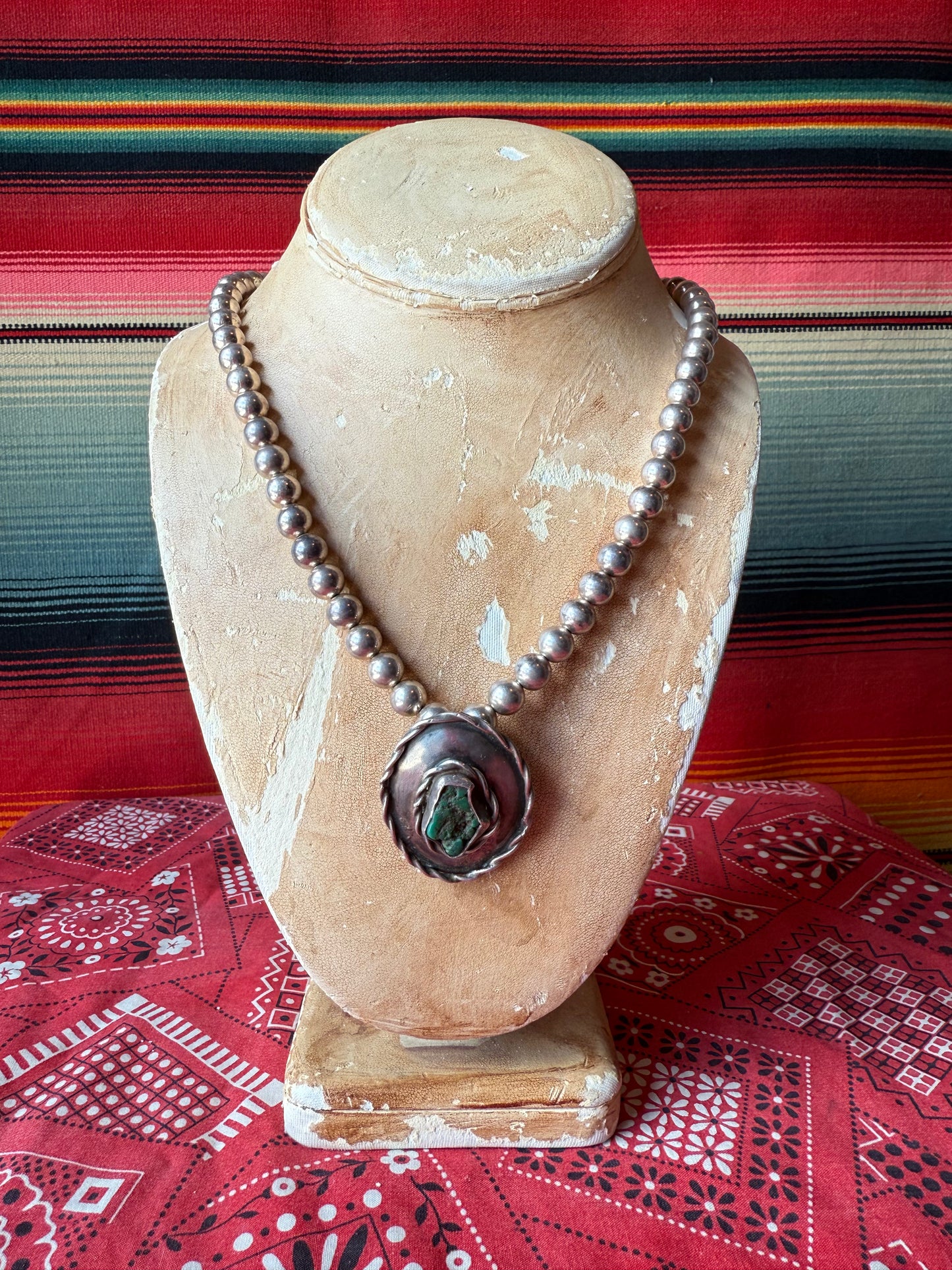 Vintage Sterling Pearl Necklace with Sterling and Turquoise Pendant