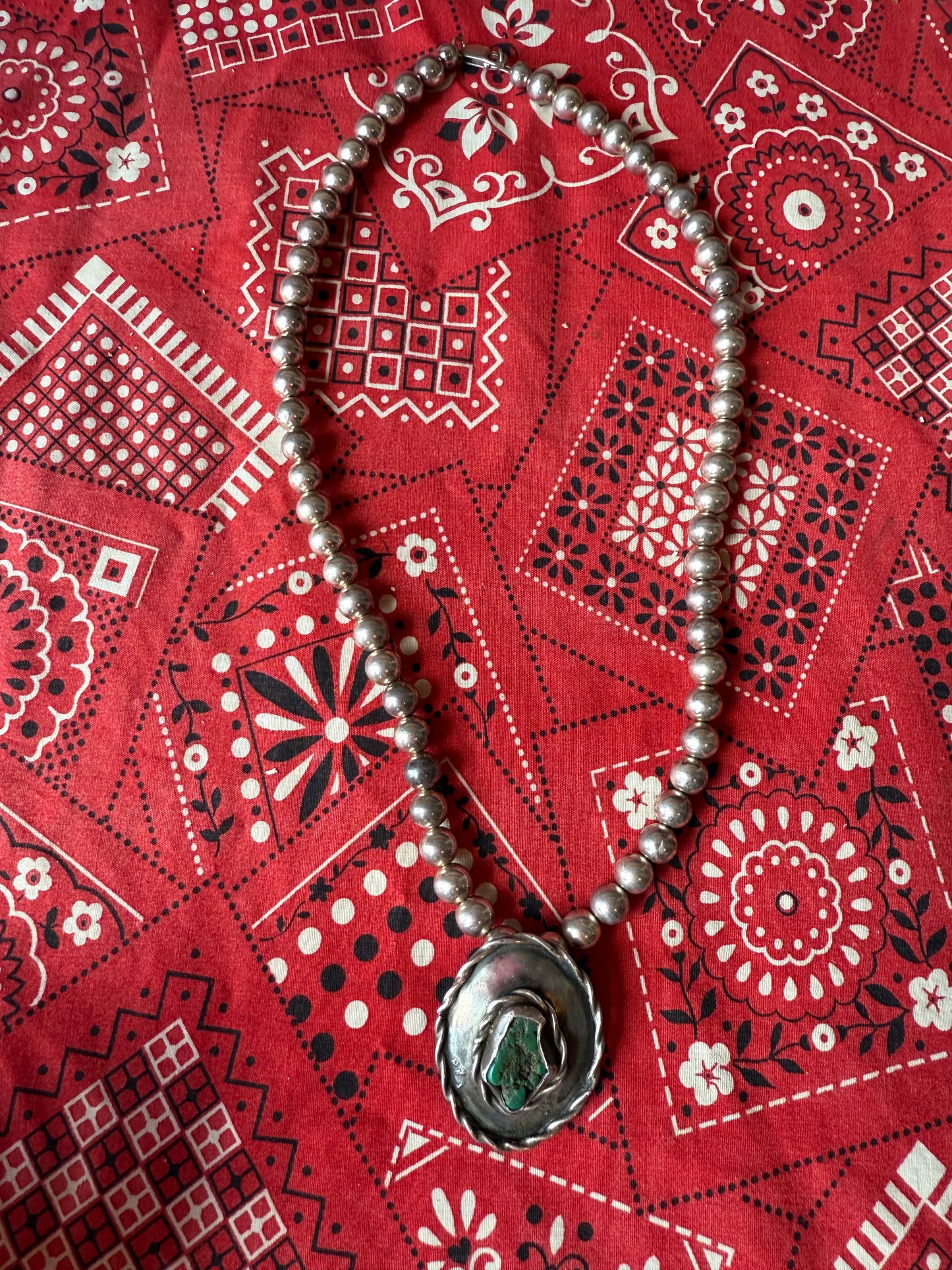Vintage Sterling Pearl Necklace with Sterling and Turquoise Pendant