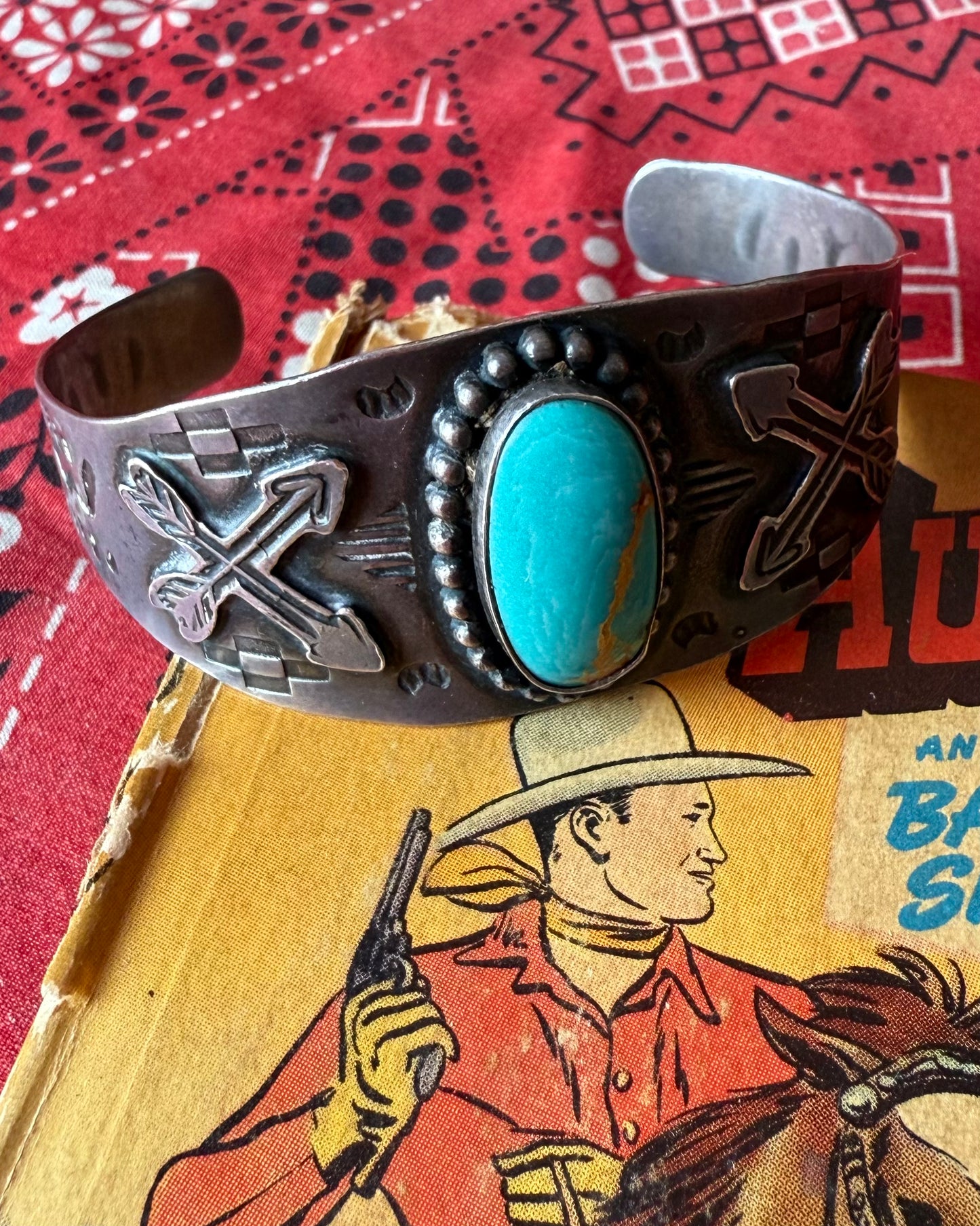 Vintage Fred Harvey Era Sterling and Turquoise Cuff - Arrows and Snake