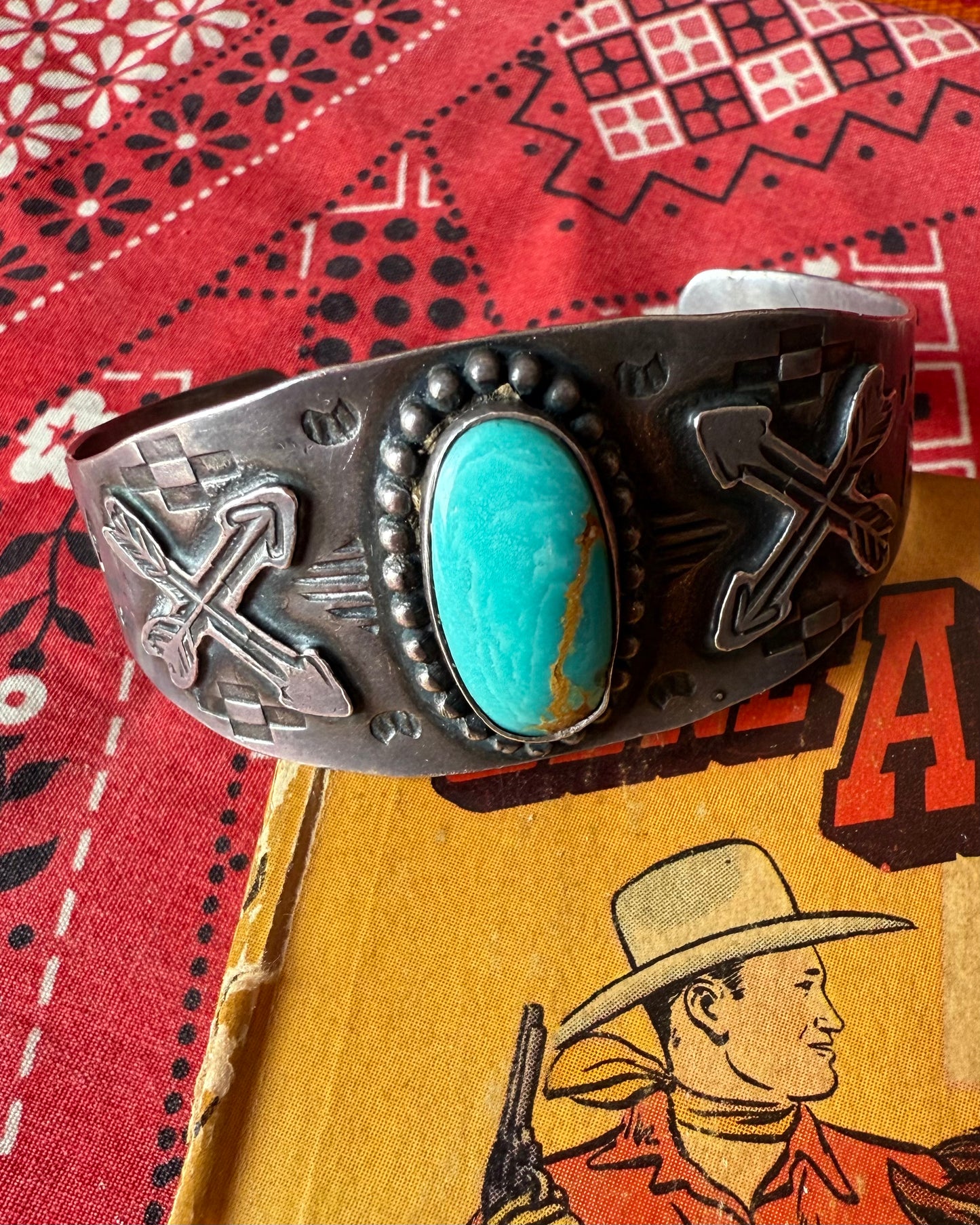 Vintage Fred Harvey Era Sterling and Turquoise Cuff - Arrows and Snake