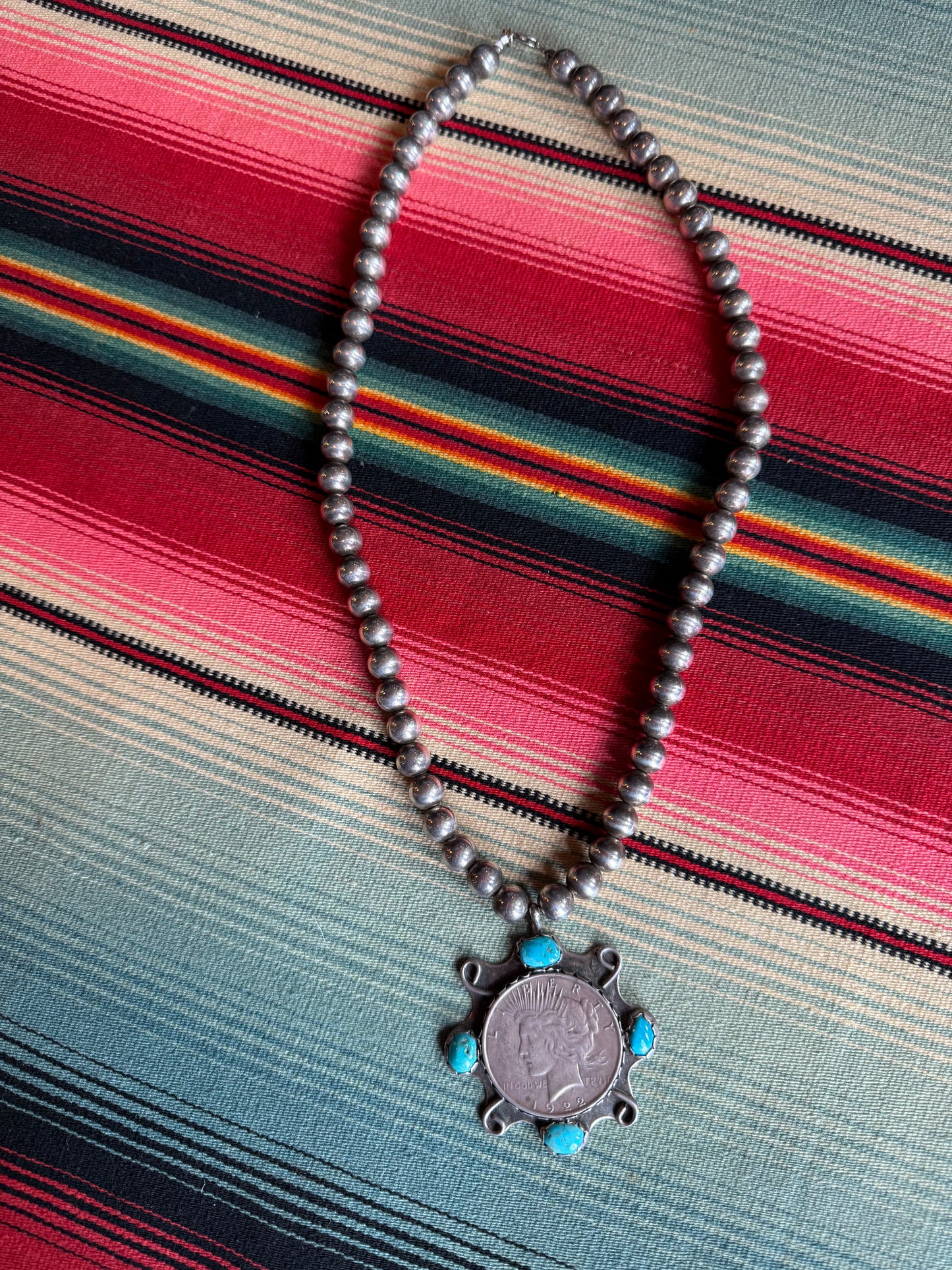 Vintage Sterling Pearl Necklace with Sterling Peace Dollar and Turquoise Pendant