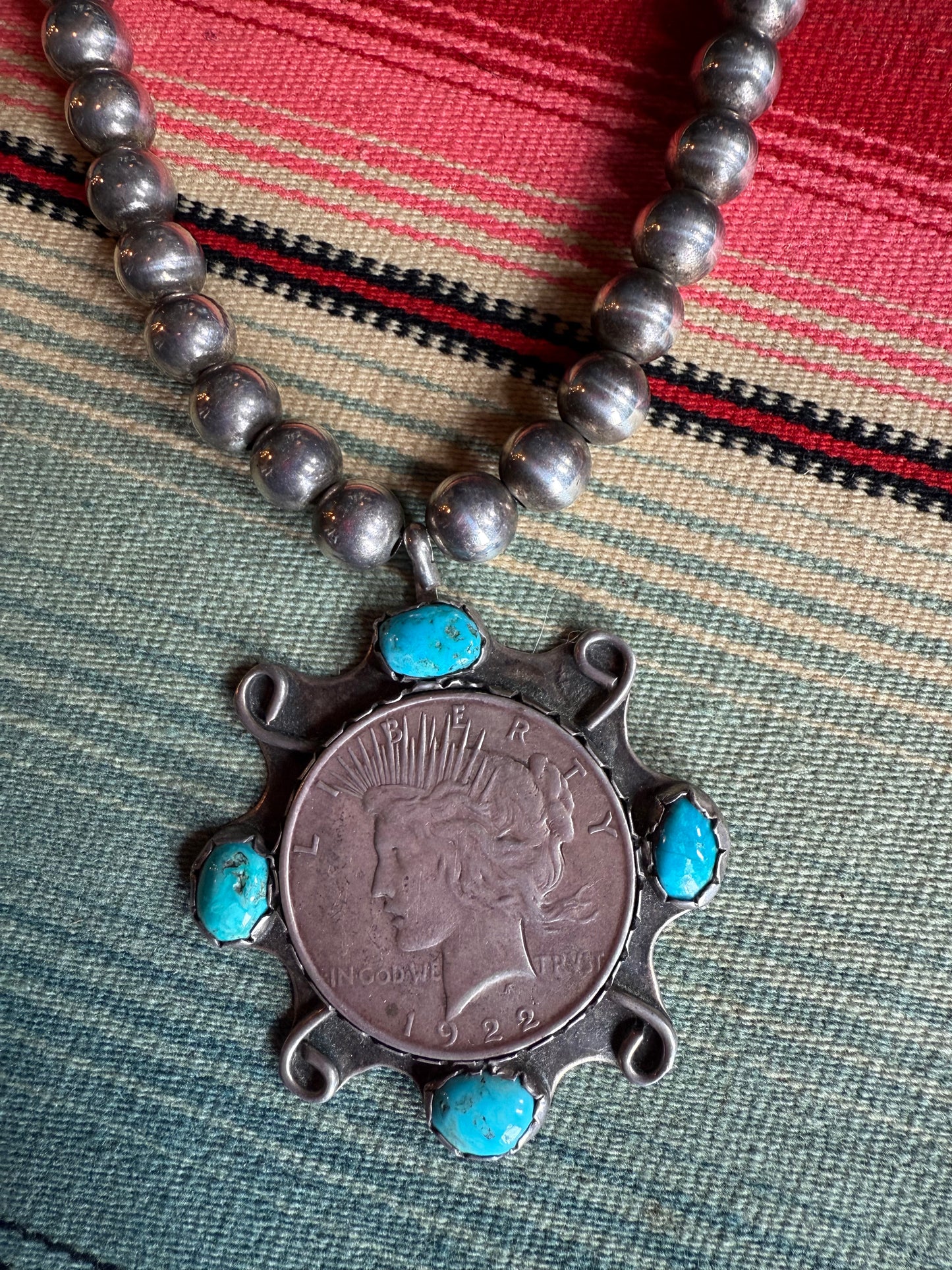 Vintage Sterling Pearl Necklace with Sterling Peace Dollar and Turquoise Pendant