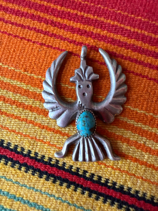 Vintage Sterling and Turquoise Sandcast Knifewing Pendant