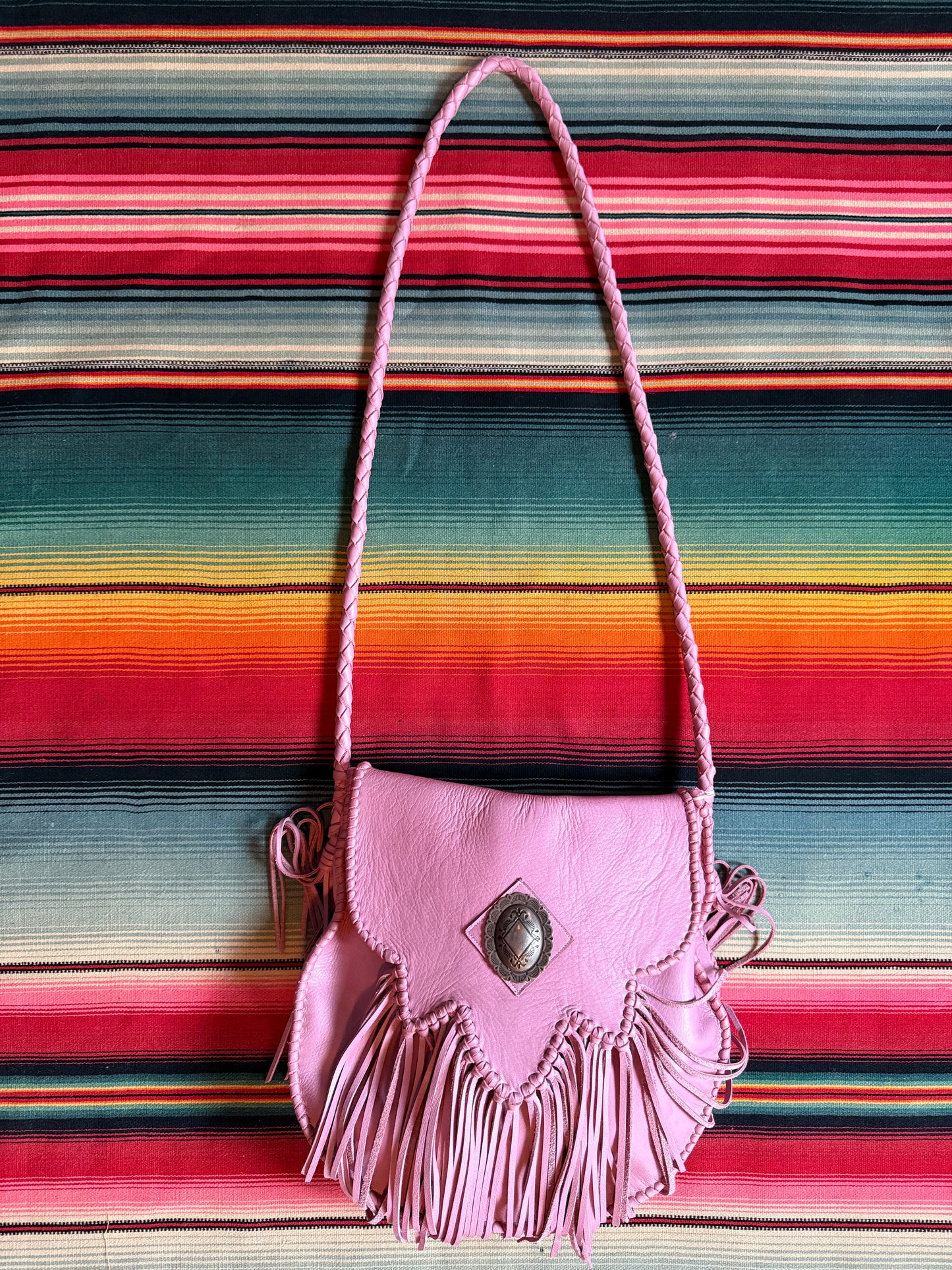 Native Rainbow Sierra Fringe bag w/ Concho (Rose Quartz)