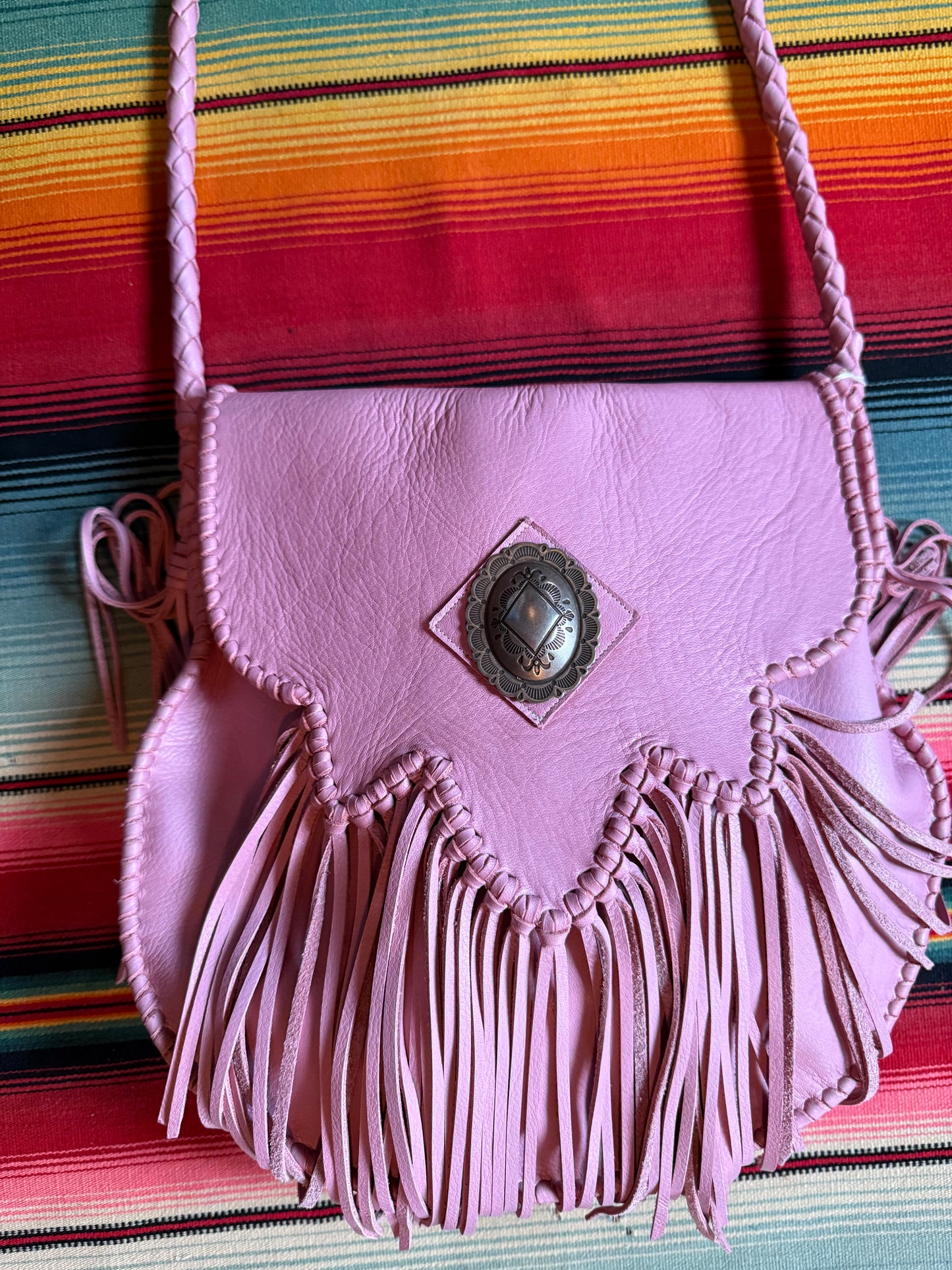 Native Rainbow Sierra Fringe bag w/ Concho (Rose Quartz)