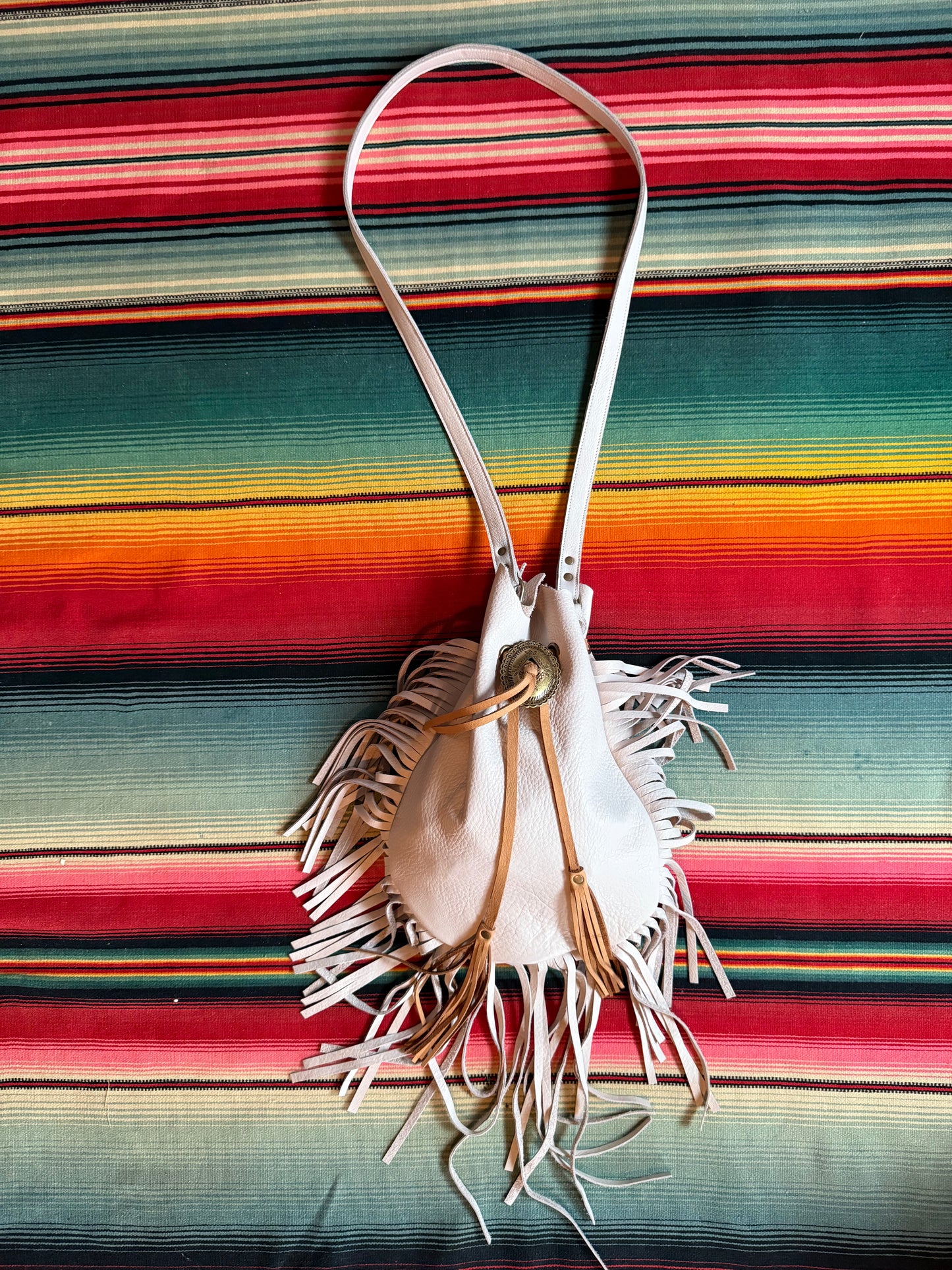 Native Rainbow White Leather Fringe Bag