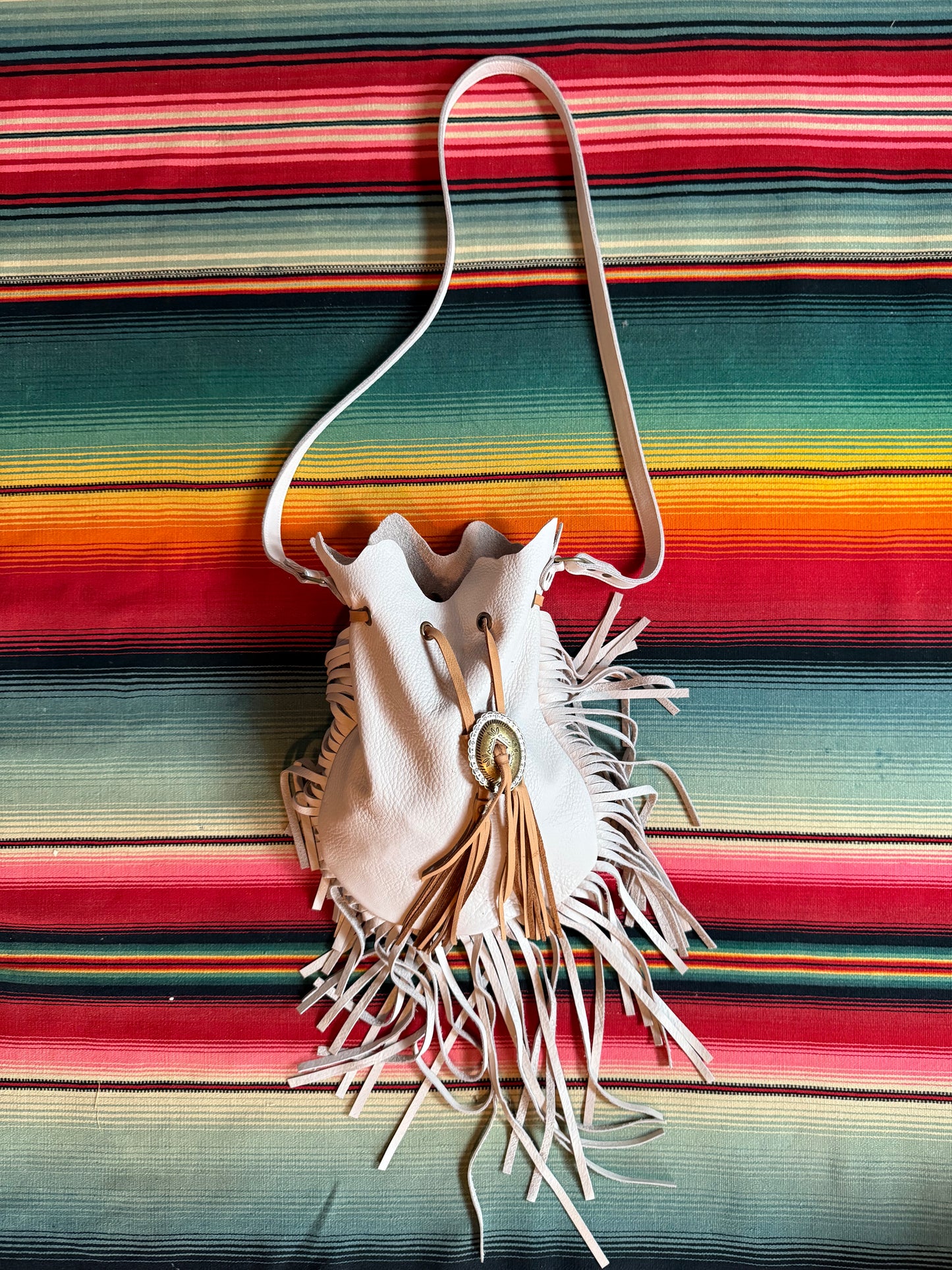 Native Rainbow White Leather Fringe Bag