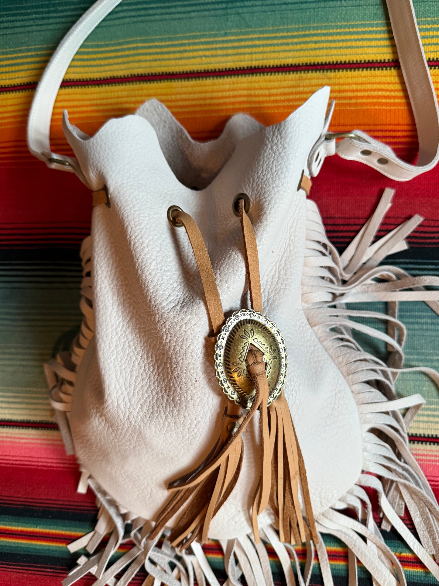 Native Rainbow White Leather Fringe Bag