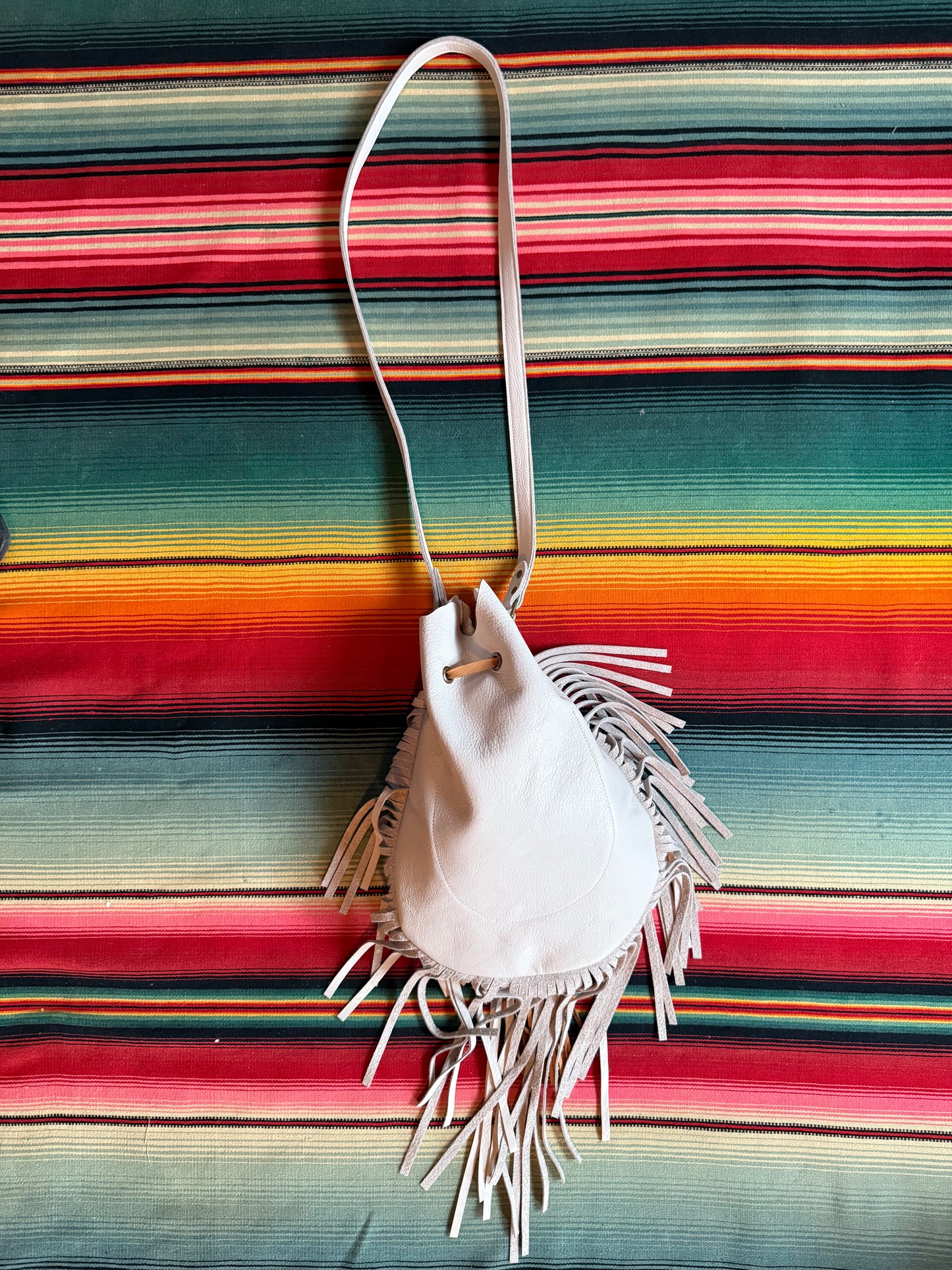 Native Rainbow White Leather Fringe Bag