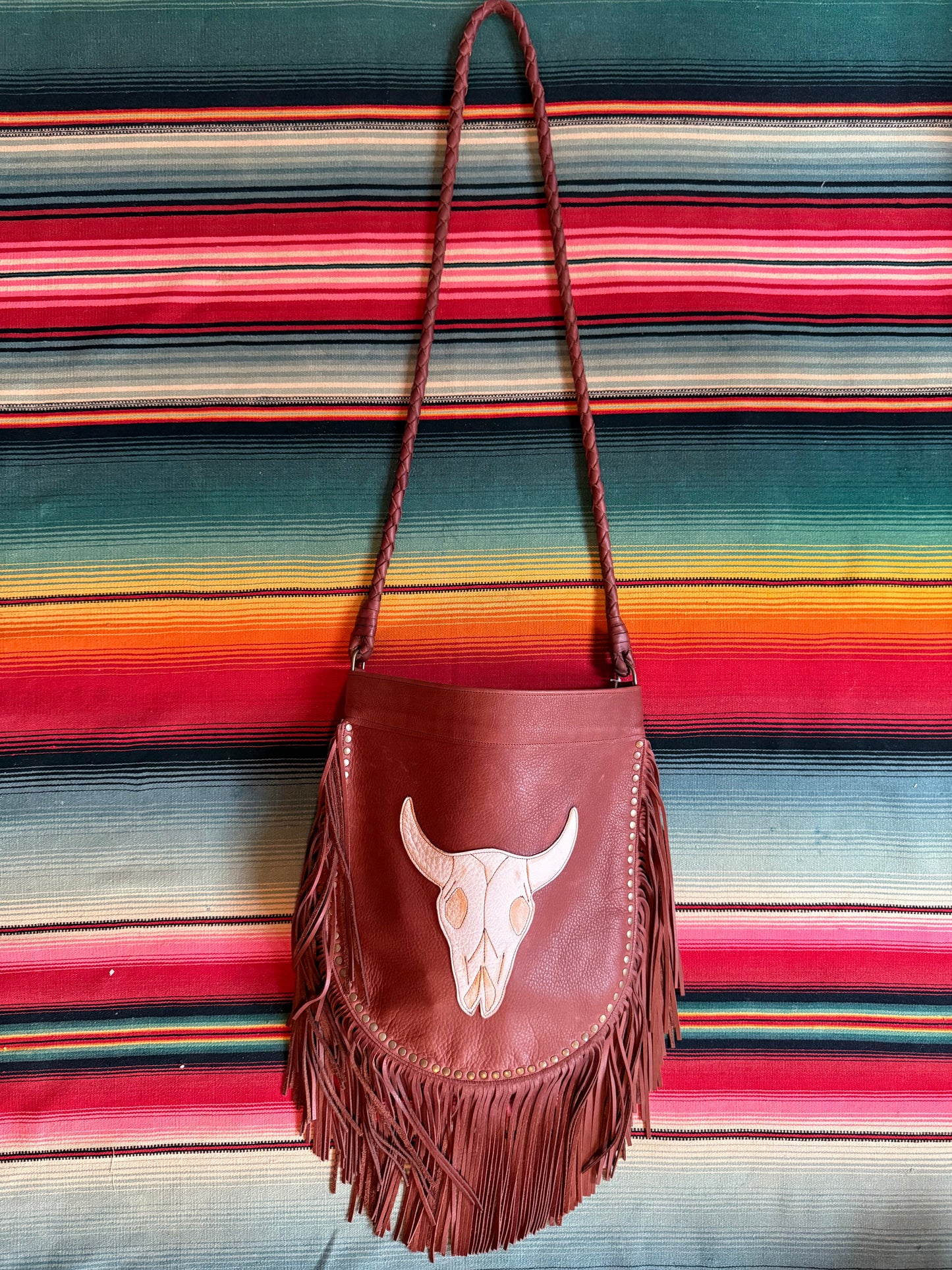 Native Rainbow Bison Skull Studded Fringe Bag (Cognac)