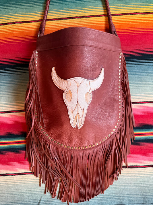 Native Rainbow Bison Skull Studded Fringe Bag (Cognac)